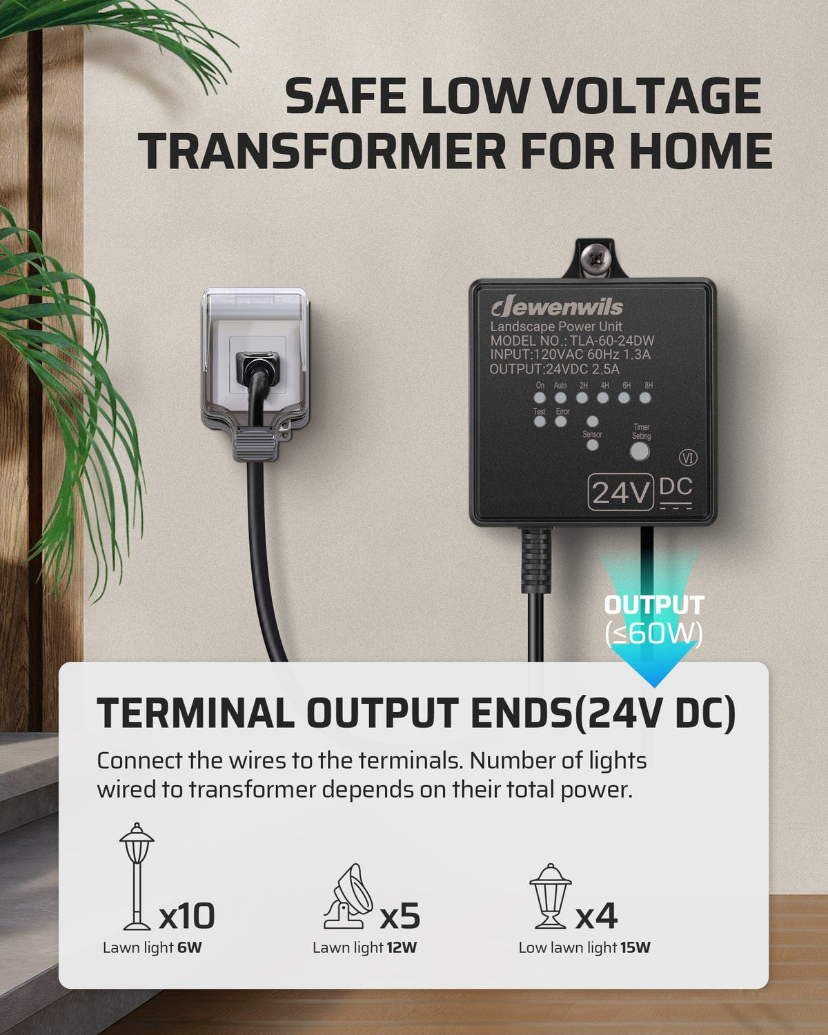 DEWENWILS 60W Low Voltage Transformer provides a safe low-voltage solution for home outdoor lighting