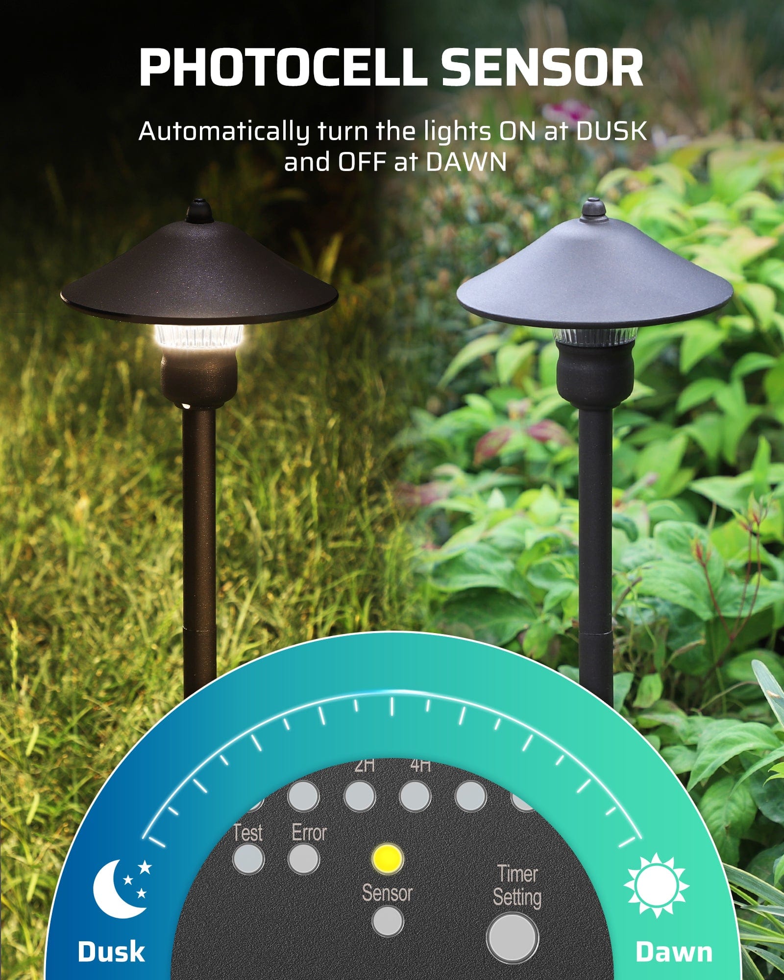 DEWENWILS 60W Low Voltage Transformer with photocell sensor automatically turns lights on at dusk and off at dawn for convenient outdoor lighting.