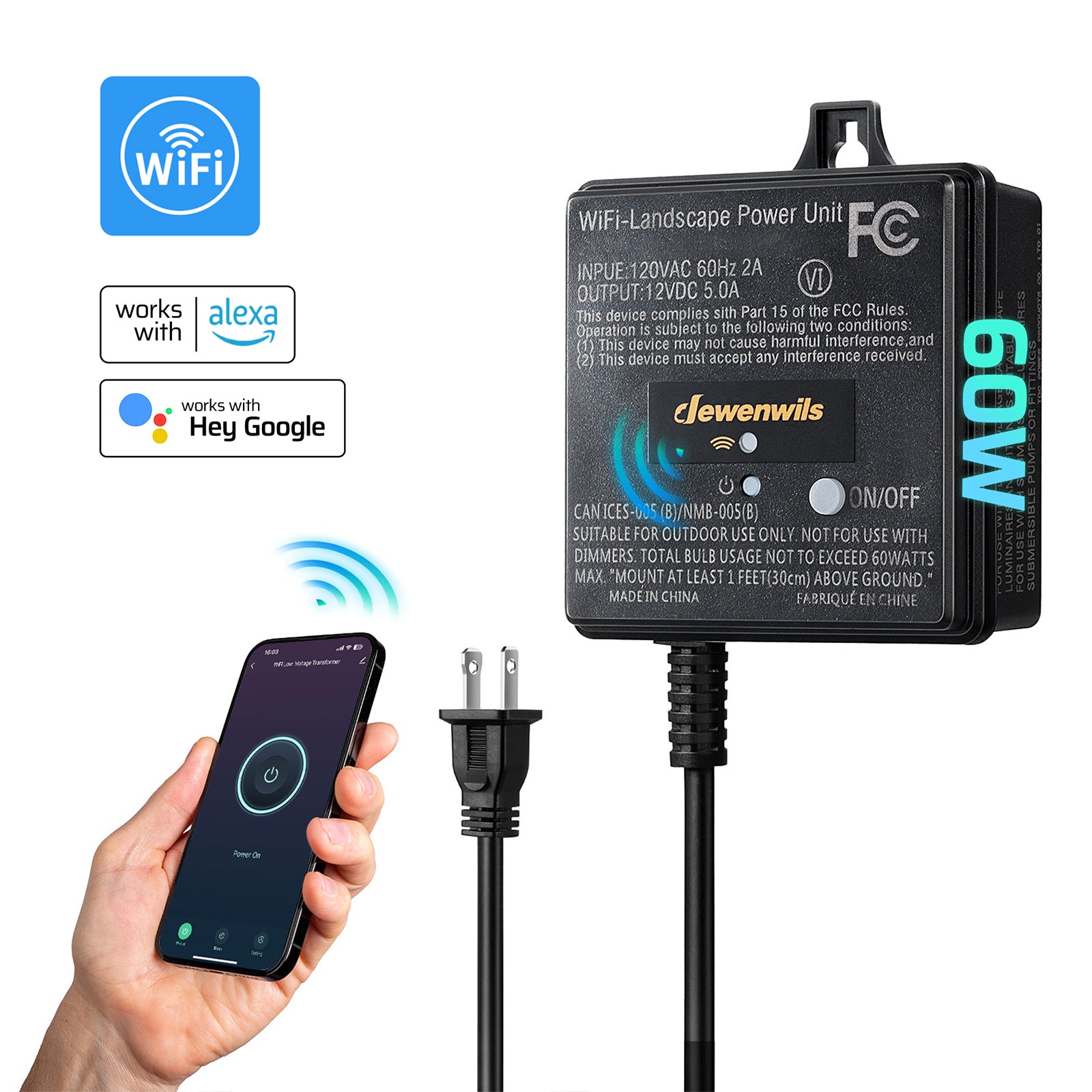 DEWENWILS 60W Low Voltage Transformer with WiFi, controllable via mobile app, Alexa, and Google Home for smart outdoor lighting