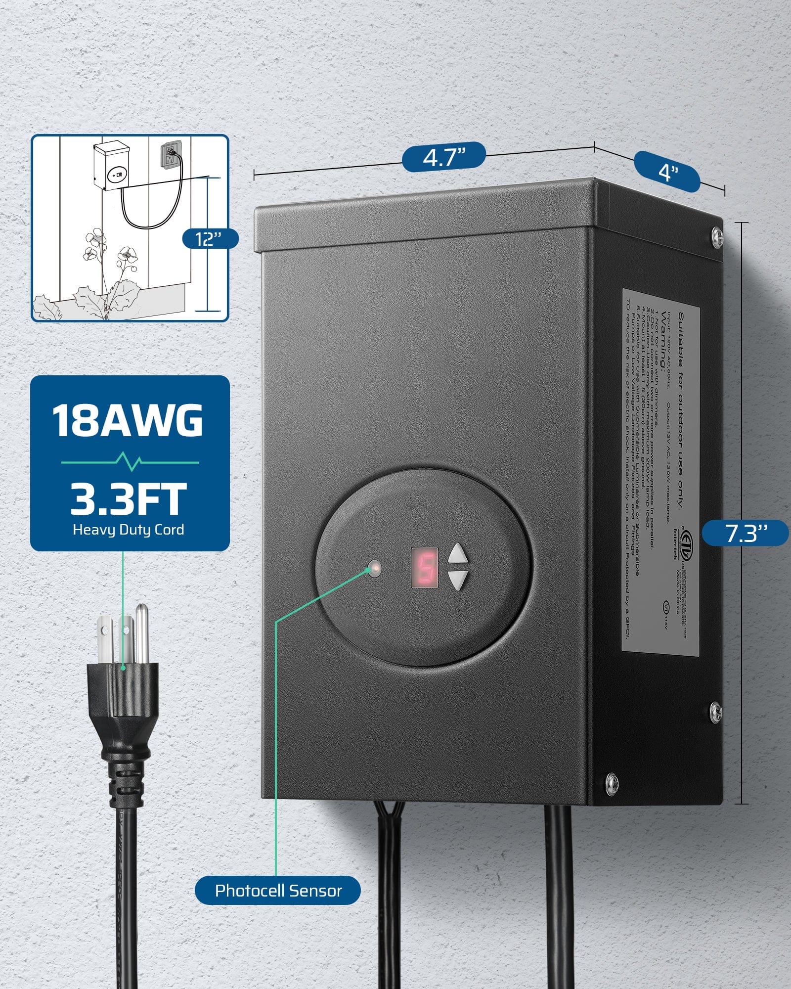 DEWENWILS Low Voltage Landscape Lighting Transformer measures 4.7 in × 4 in × 7.3 in and comes with an 18 AWG 3.3 FT heavy-duty cord