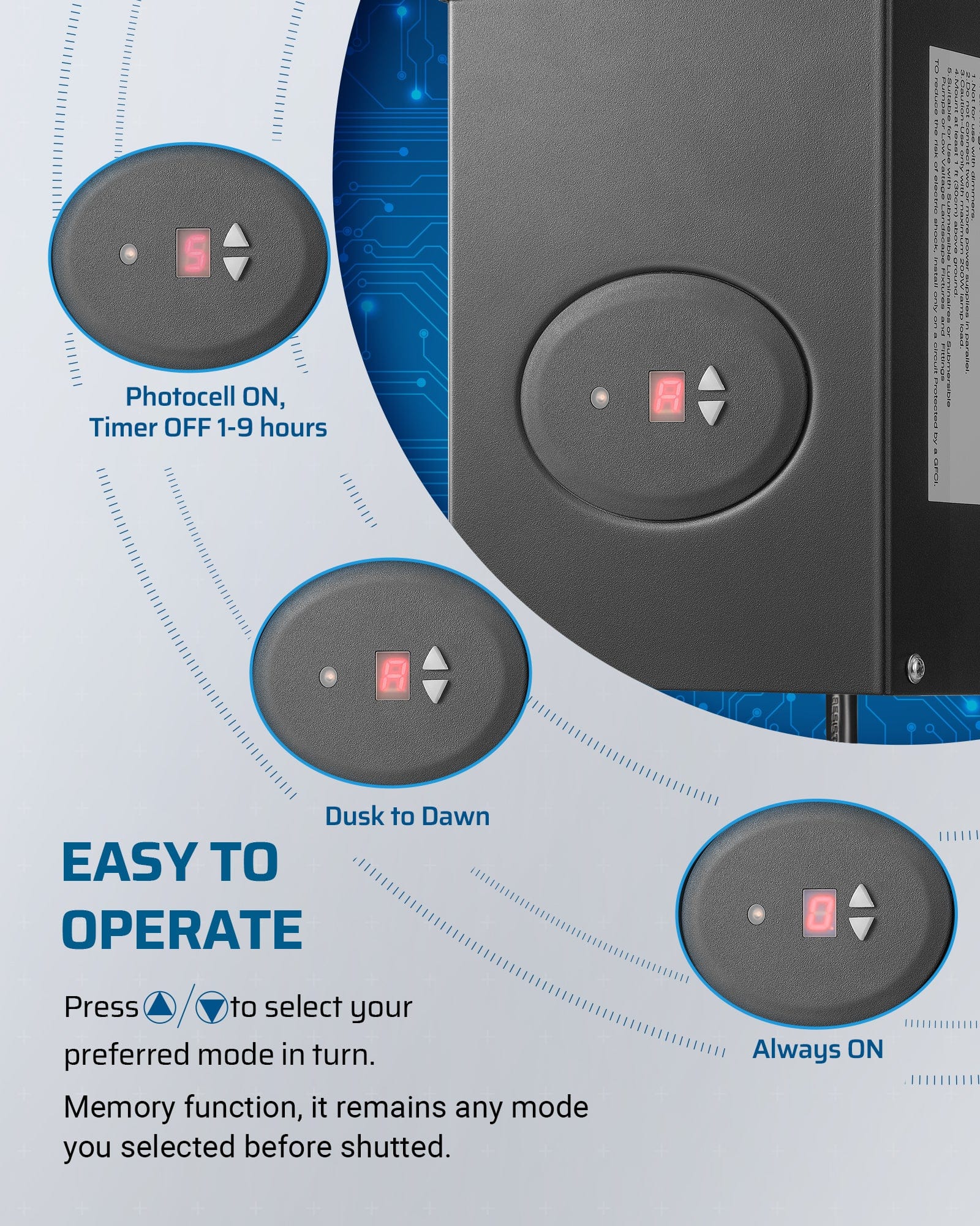 DEWENWILS 120W Low Voltage Transformer, easy to operate with mode selection buttons and memory function that retains your last setting