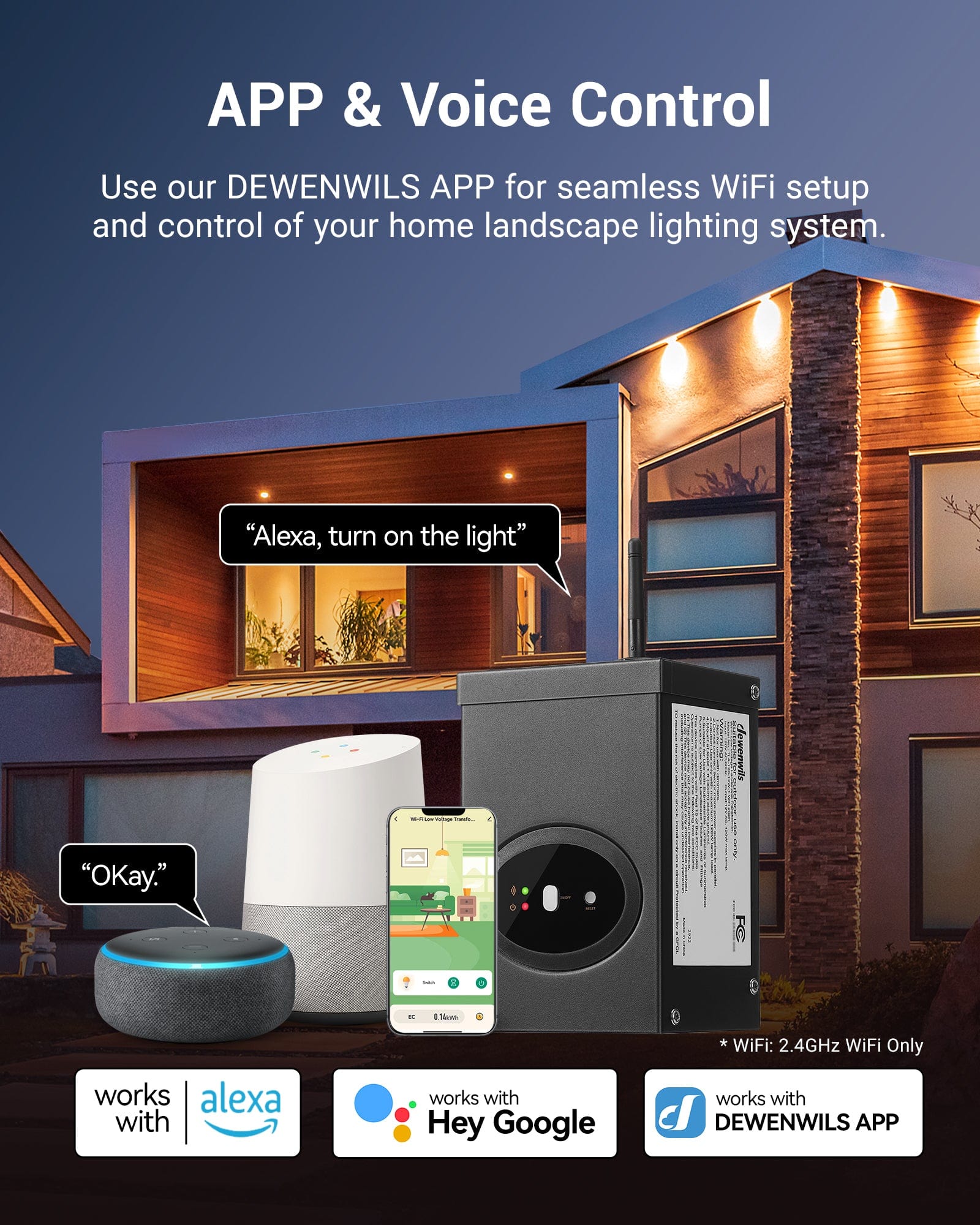 DEWENWILS 120W Smart Low Voltage Landscape Transformer App And Voice Control Use DEWENWILS App For WiFi Setup Works With Alexa Google Home And DEWENWILS App
