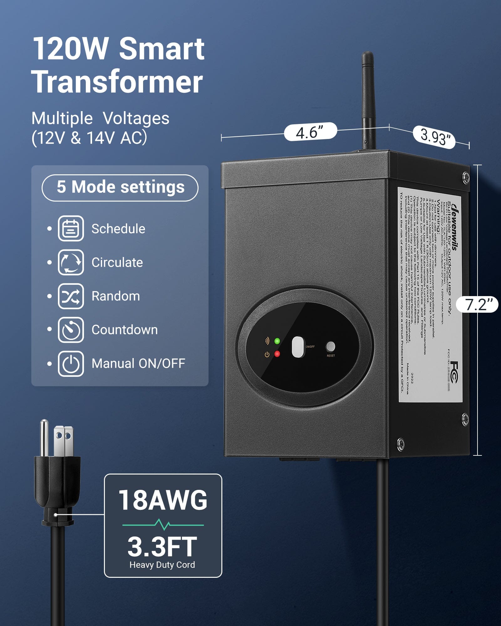 DEWENWILS 120W Low Voltage Landscape Transformer Smart Transformer Multiple Voltages 12V And 14V AC Five Mode Settings Schedule Circulate Random Countdown Manual On Off With 18AWG 3 3FT Heavy Duty Cord