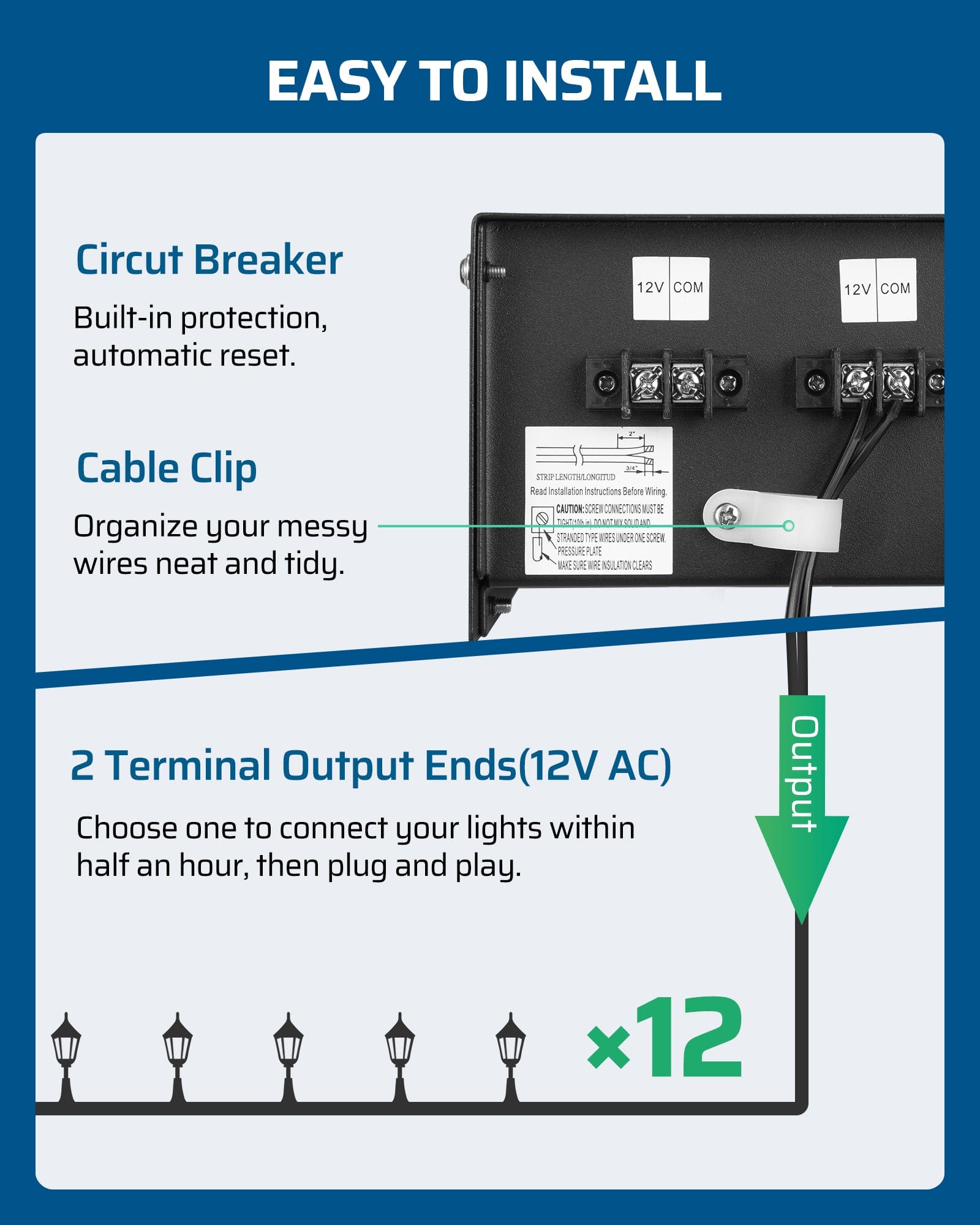 DEWENWILS 200W Low Voltage Transformer with easy installation, built-in circuit breaker for automatic reset, cable clip for tidy wiring, and dual 12V AC output terminals for quick plug-and-play lighting setup