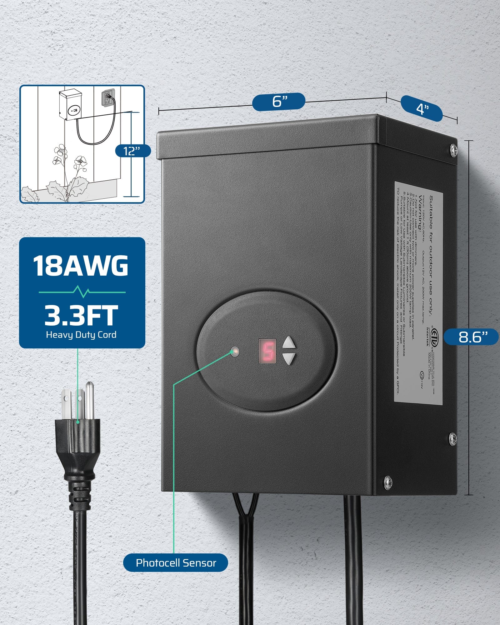 DEWENWILS 200W Low Voltage Transformer measuring 6×4×8.6 in, equipped with a photocell sensor and an 18 AWG 3.3 ft heavy-duty cord for outdoor lighting