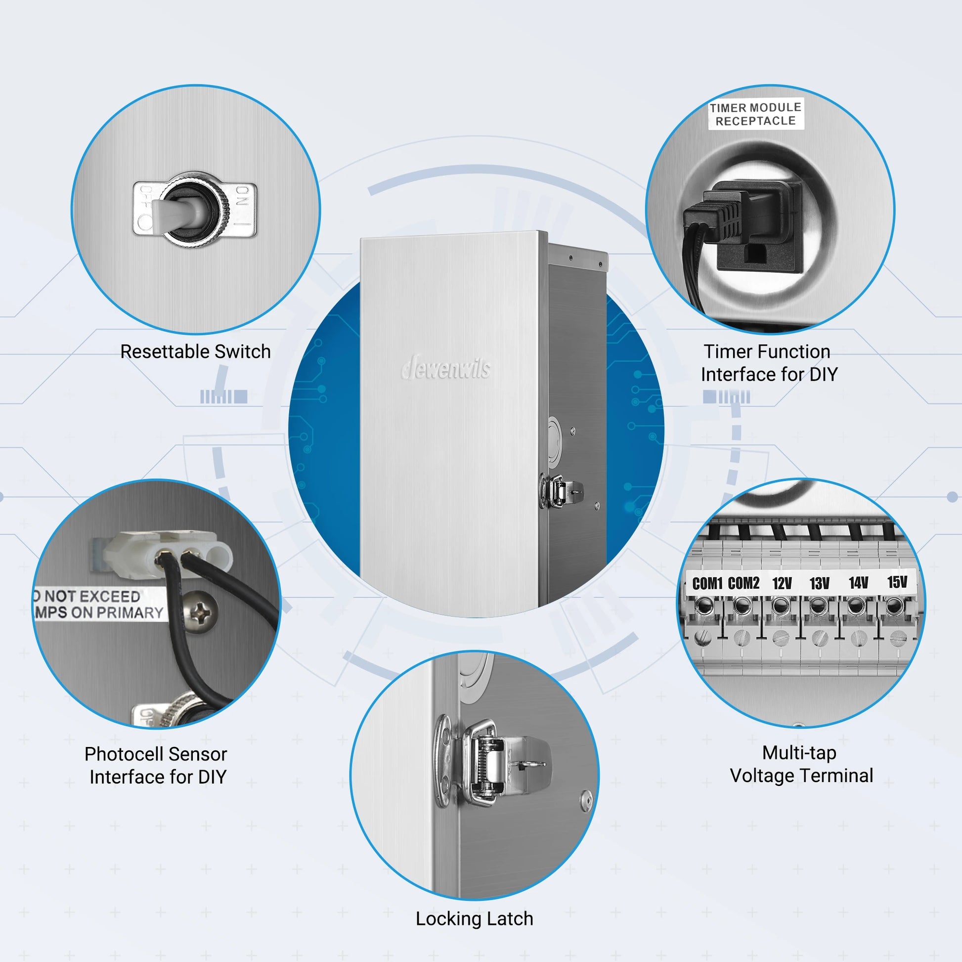 Low Voltage Landscape Lighting Transformer: resettable switch, timer and photocell sensor interfaces for DIY control, multi-tap voltage terminals, and locking latch for secure and flexible outdoor lighting setup