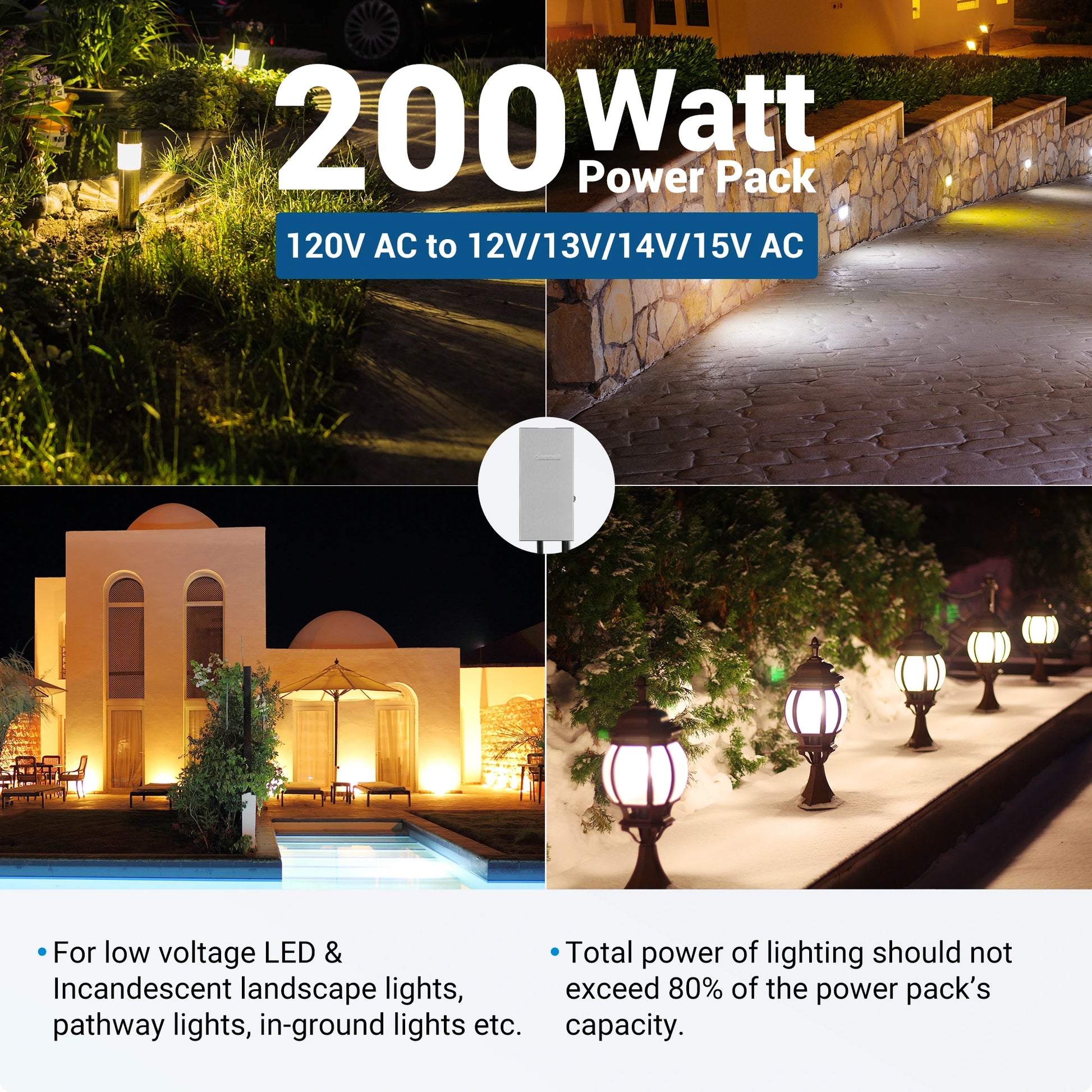 Low Voltage Landscape Lighting Transformer: 200W power pack converts 120V AC to 12V–15V AC for LED and incandescent landscape lights, with safe load up to 80% capacity for reliable outdoor lighting systems