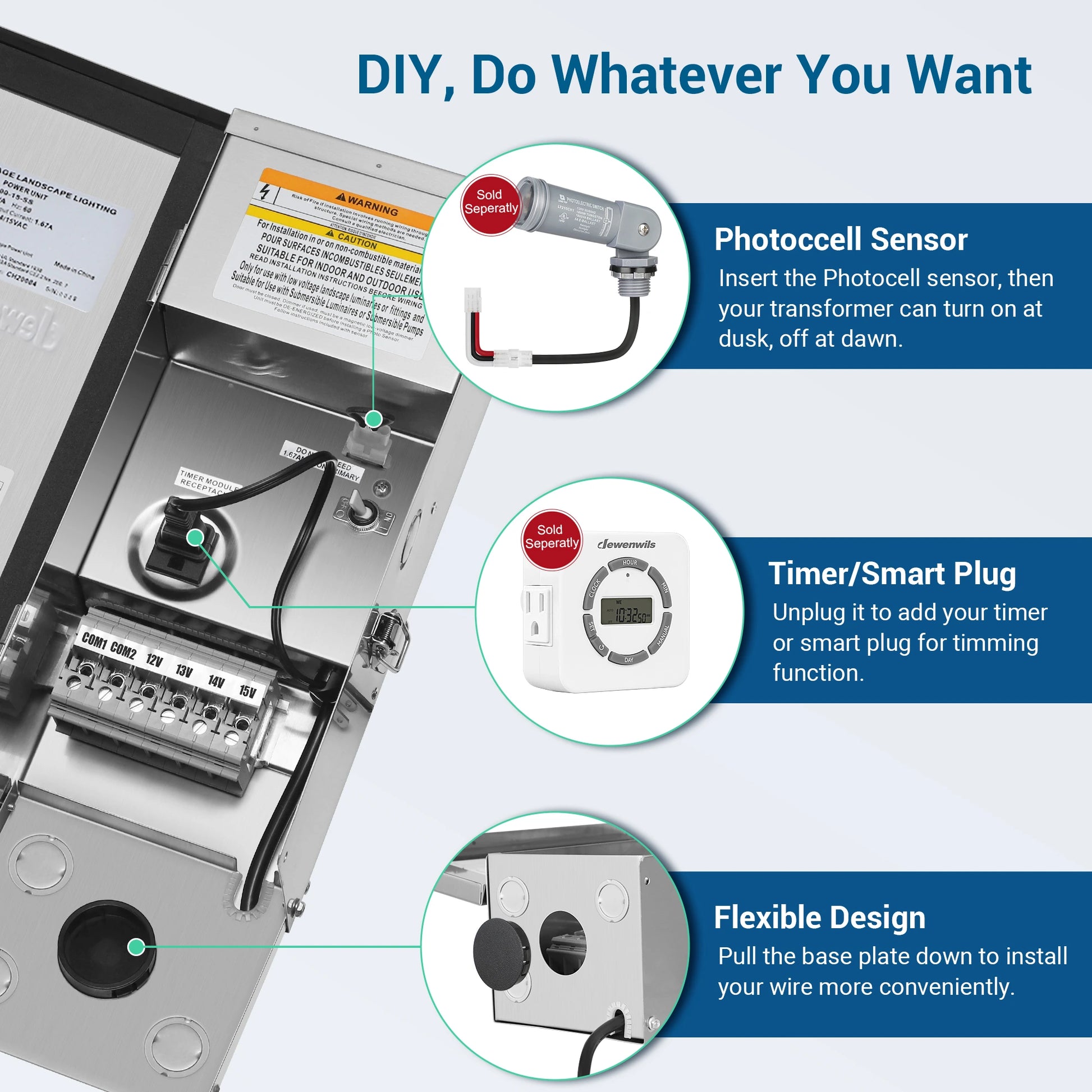 Low Voltage Landscape Lighting Transformer: photocell sensor for dusk-to-dawn operation, timer/smart plug compatible for scheduling, and flexible design for easy wire installation and setup
