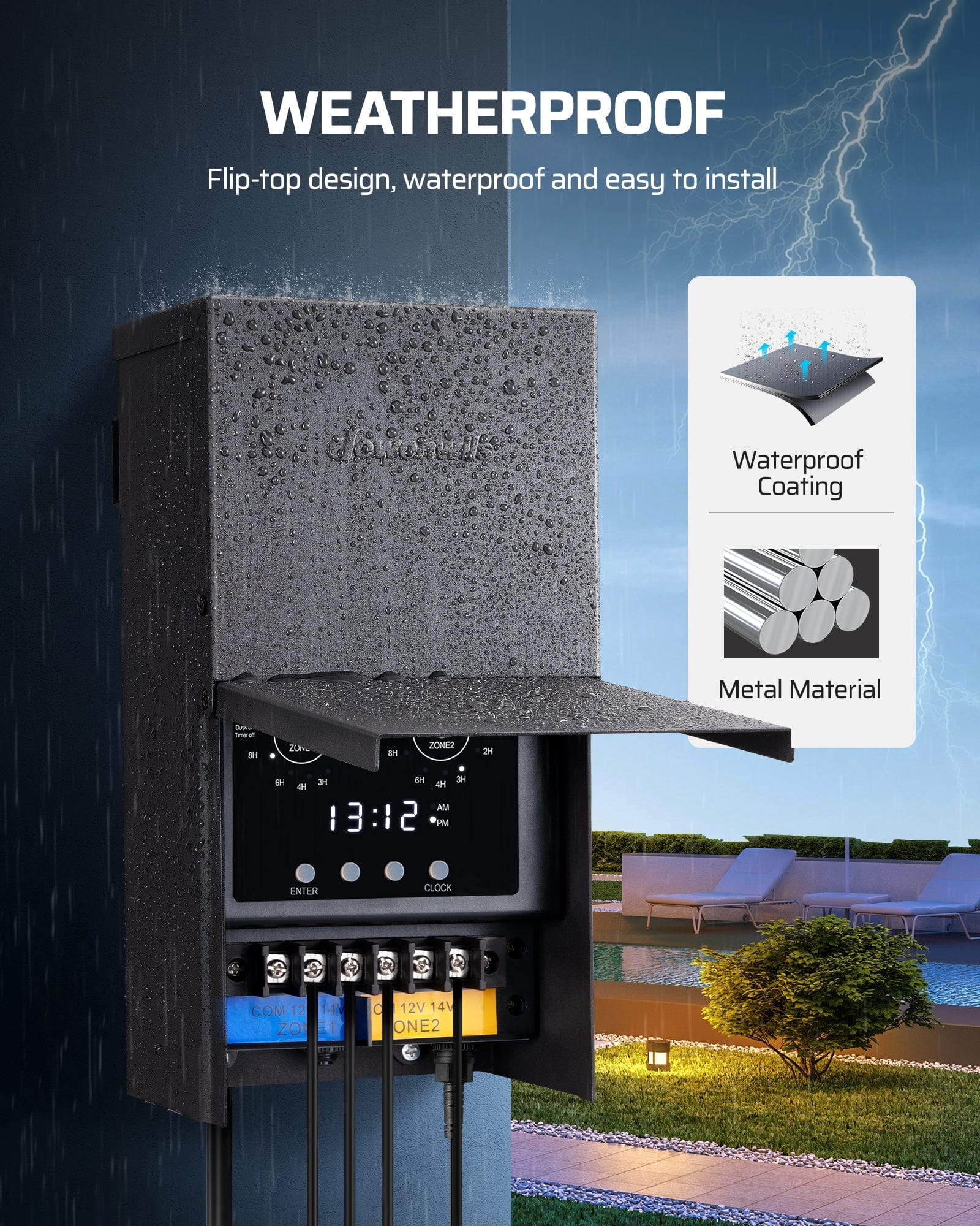 DEWENWILS 200W Low Voltage Transformer features a flip-top, waterproof metal design with coating for durability and easy outdoor installation.