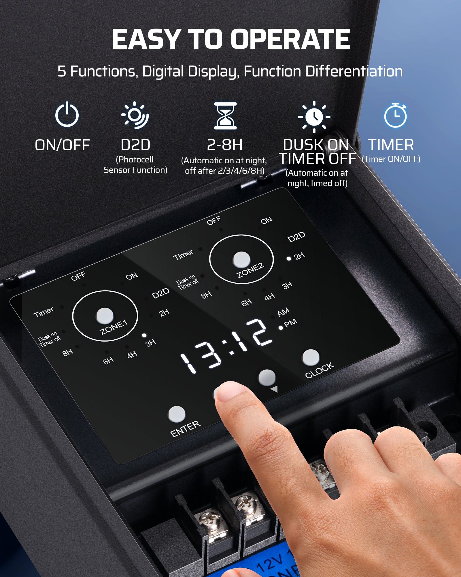 DEWENWILS 200W Low Voltage Transformer features 5 functions with digital display, photocell sensor, dusk-on, timer-off (2–8h), and easy operation for landscape lighting.