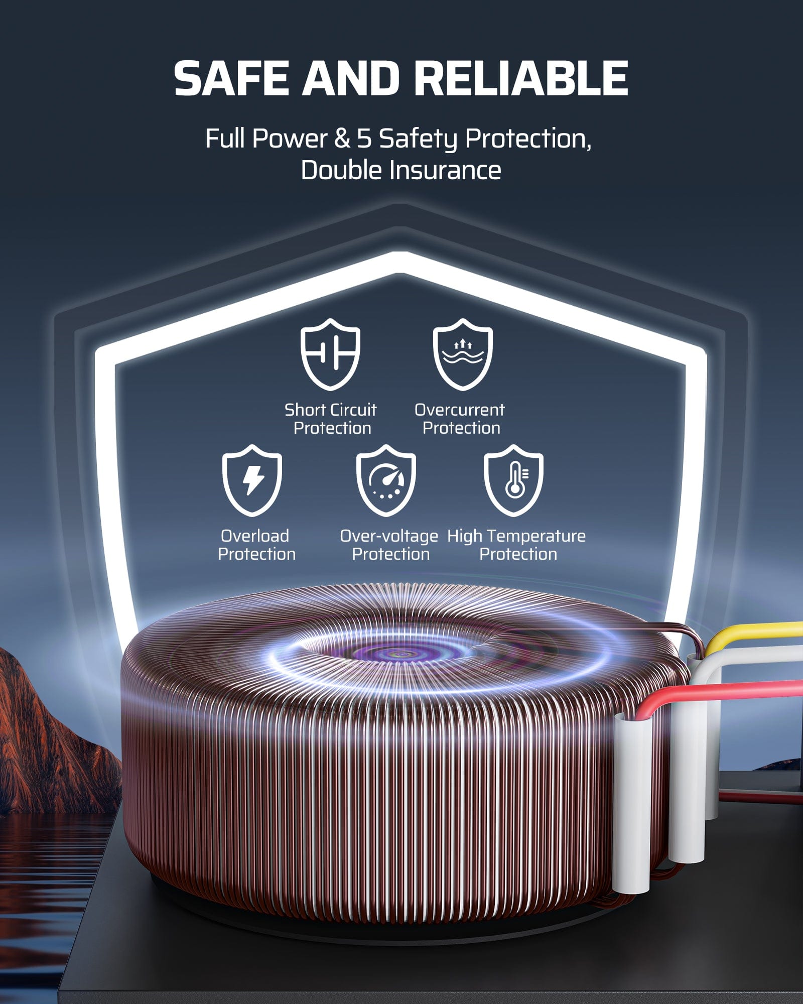 DEWENWILS 200W Low Voltage Transformer offers full power with 5 safety protections including short-circuit, overcurrent, overload, over-voltage, and high-temperature protection