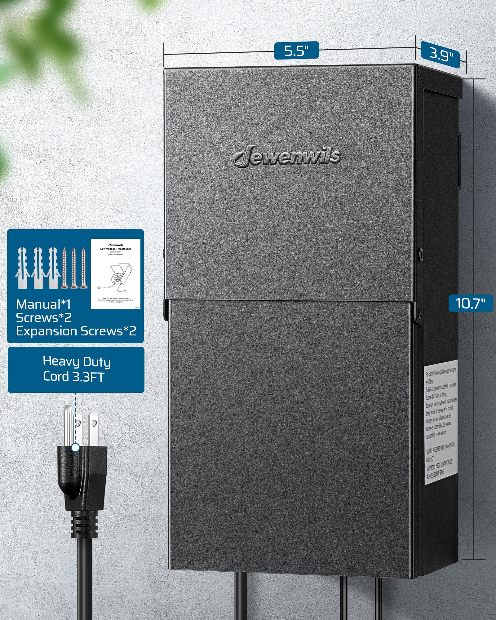 DEWENWILS 200W Low Voltage Transformer measures 5.5×3.9×10.7in and includes a 3.3FT heavy-duty cord for durable and reliable outdoor landscape lighting.