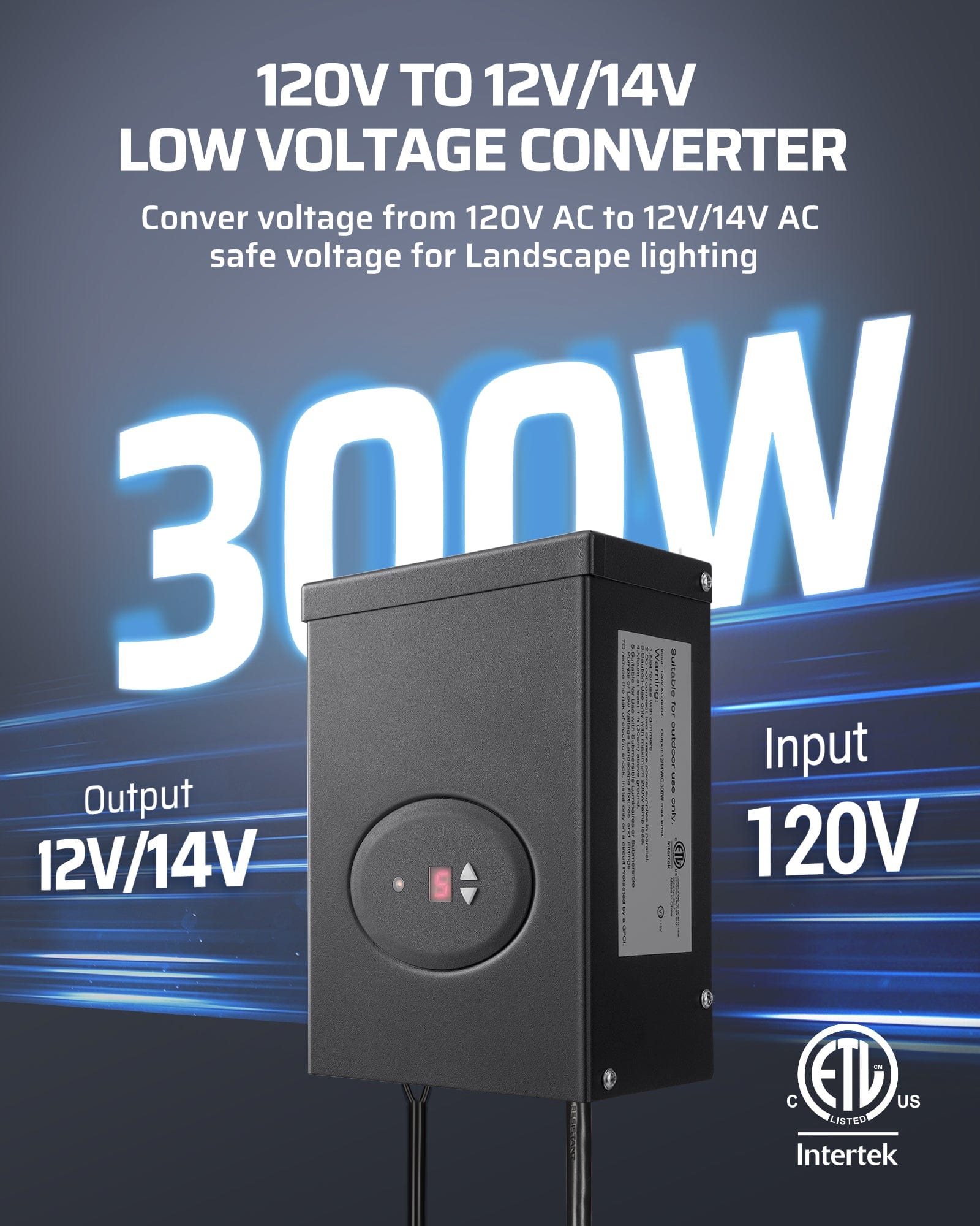 DEWENWILS 300W Low Voltage Transformer converts 120V AC to 12V/14V AC, providing safe low-voltage power for landscape lighting.