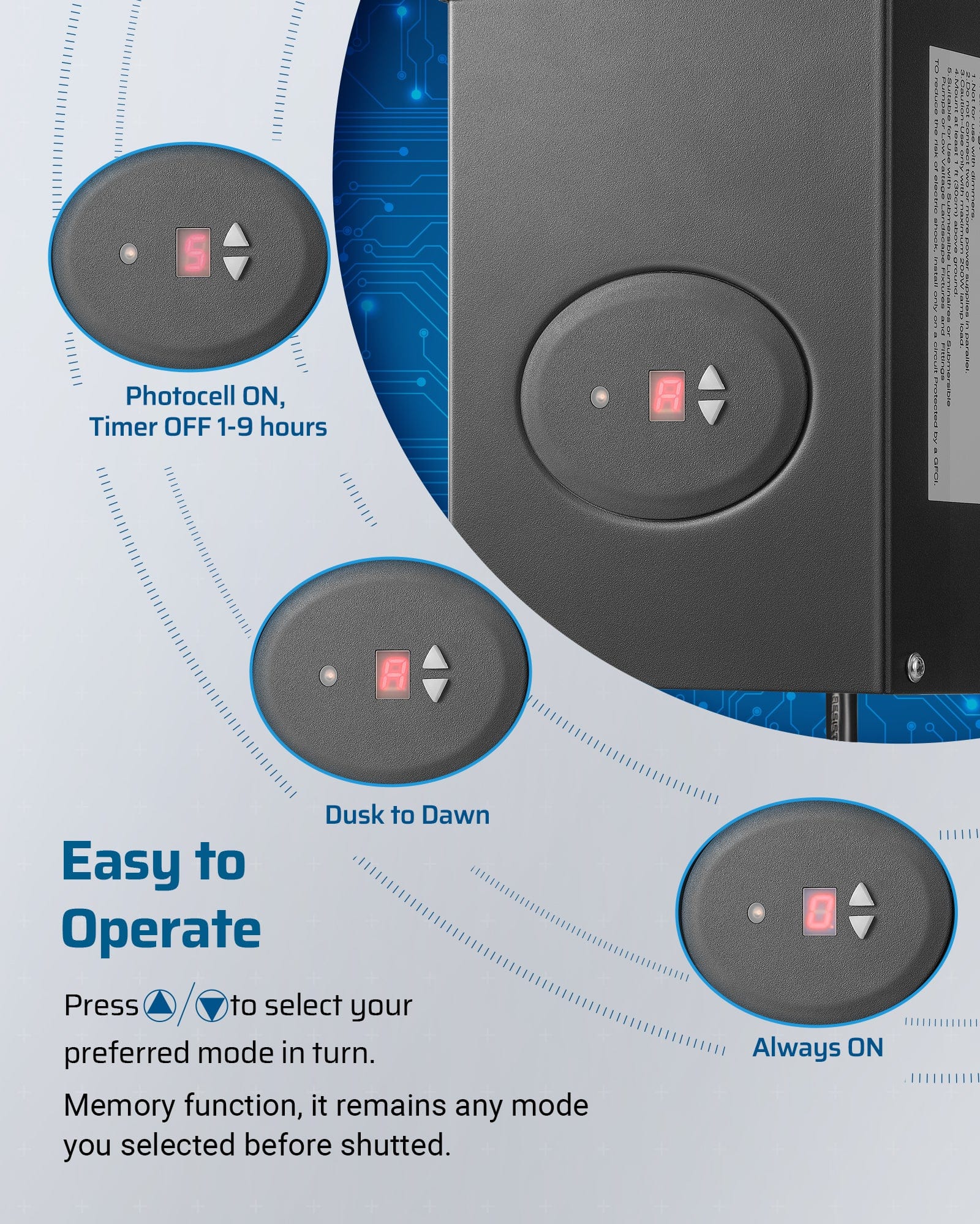 DEWENWILS 300W Low Voltage Transformer is easy to operate with mode selection and memory function that retains your previous setting after shutdown.