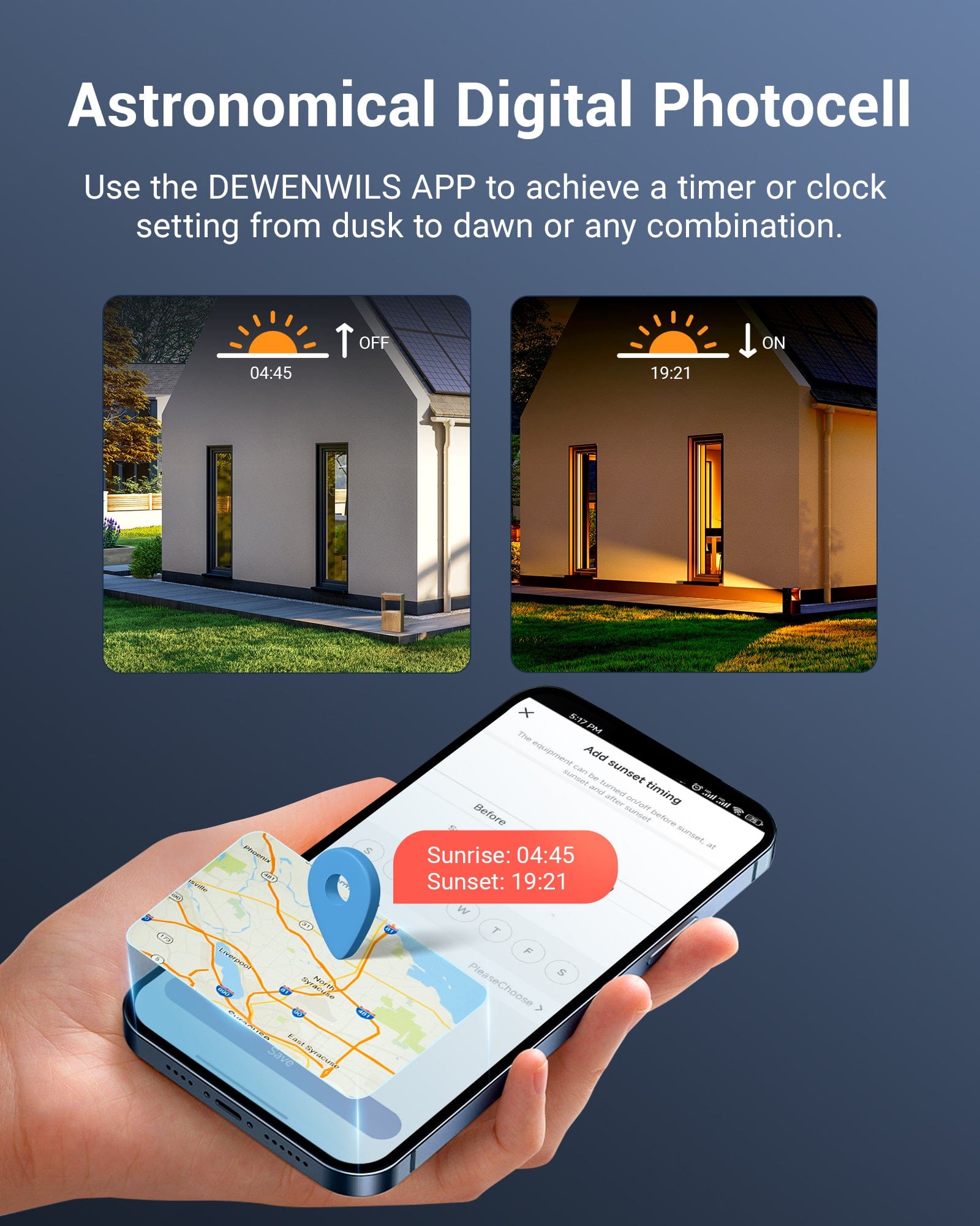 DEWENWILS Low Voltage Transformer with Astronomical Digital Photocell, enabling timer or dusk-to-dawn settings via DEWENWILS APP