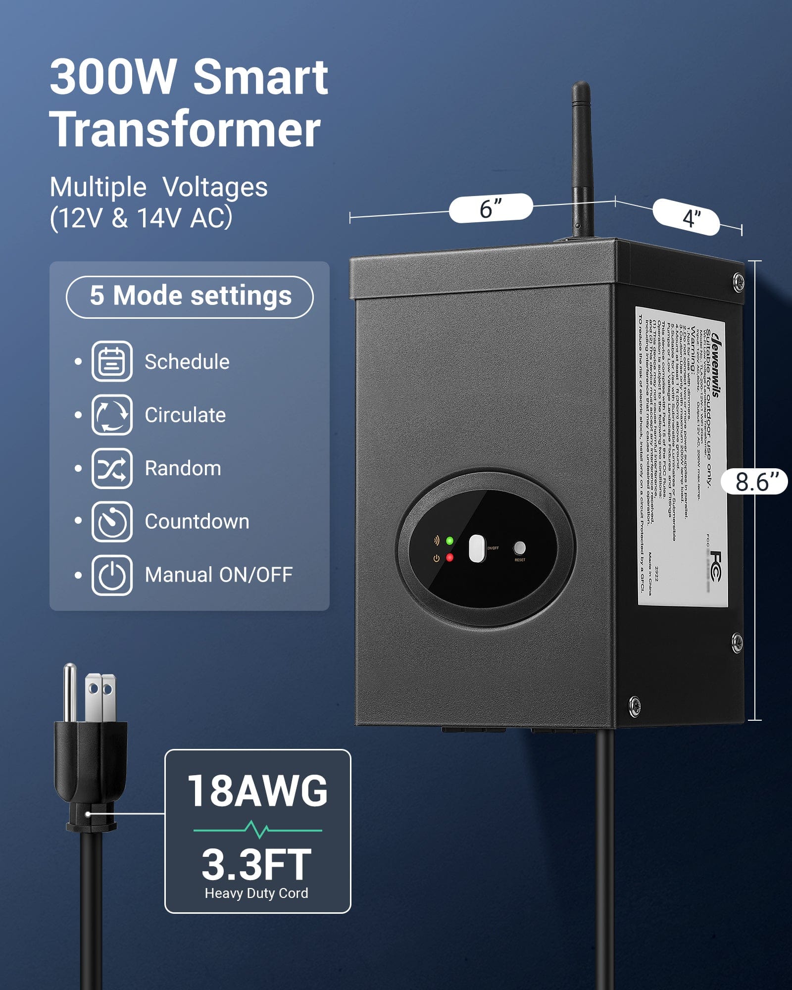 300W Smart Transformer with 12V & 14V AC, 5 modes (Schedule, Circulate, Random, Countdown, Manual ON/OFF), heavy-duty 18AWG cord, size 6×4×8.6 in, durable design