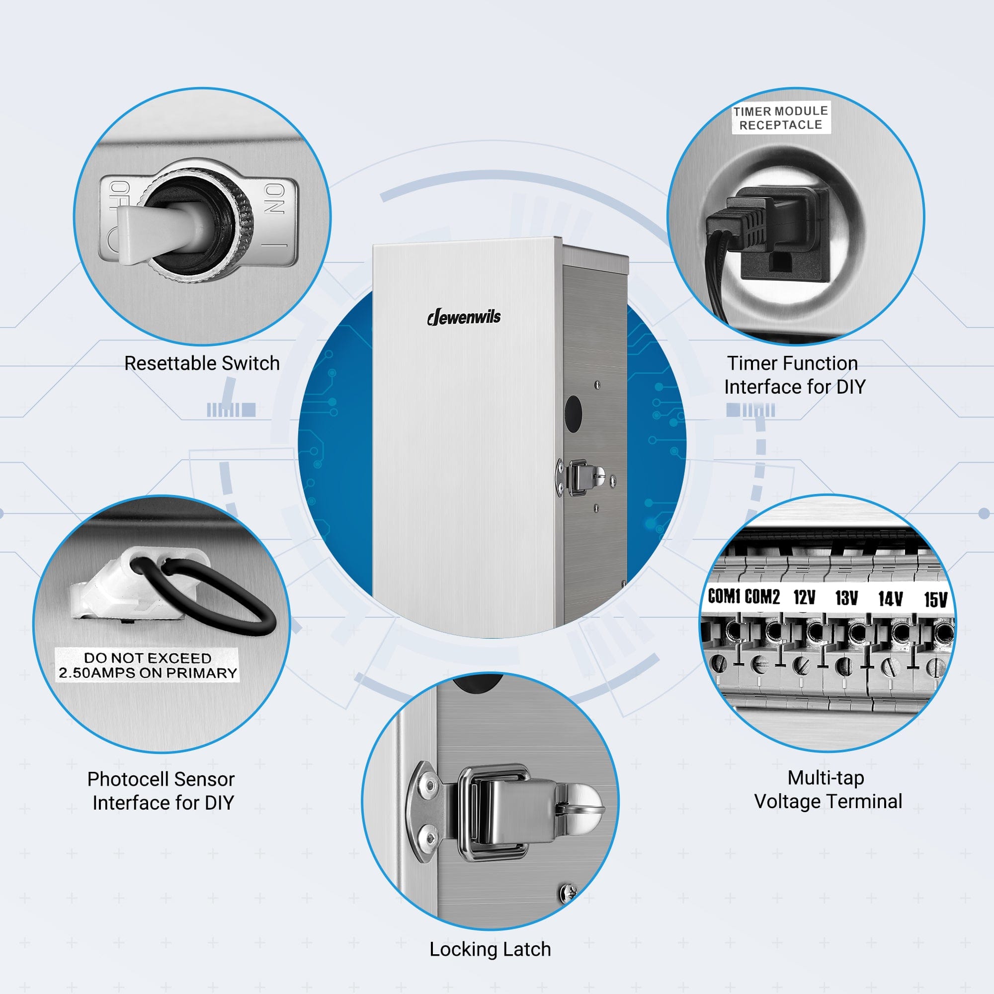 DEWENWILS 300W Low Voltage Landscape Lighting Transformer features a timer module with resettable switch, photocell sensor, DIY timer interface, multi-tap voltage terminals (12V/13V/14V/15V), locking latch, and a primary limit of 2.5A