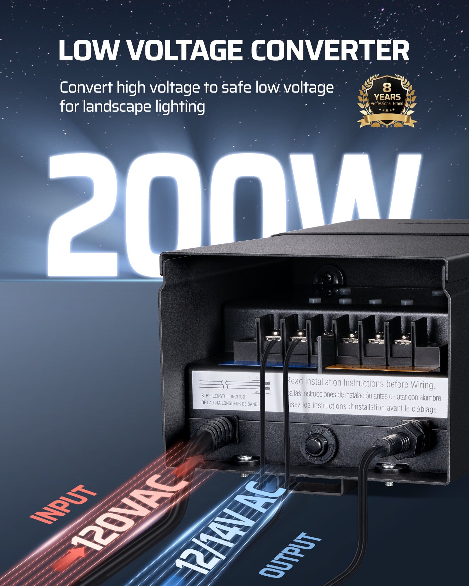 DEWENWILS 200W Low Voltage Transformer converts 120V AC to 12/14V AC, providing safe and reliable low-voltage power for landscape lighting.