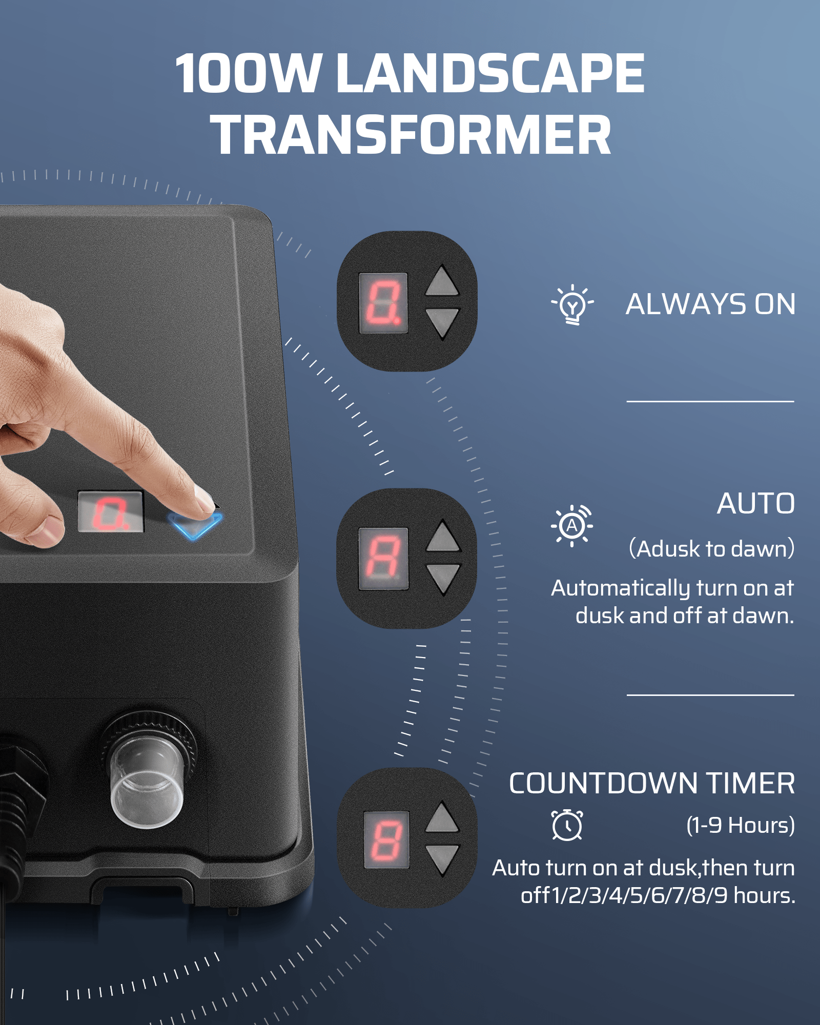DEWENWILS 100W Low Voltage Transformer ALWAYS ON AUTO (dusk to dawn) automatically turns on at dusk and off at dawn, with COUNTDOWN TIMER (1–9 hours) for custom shutoff