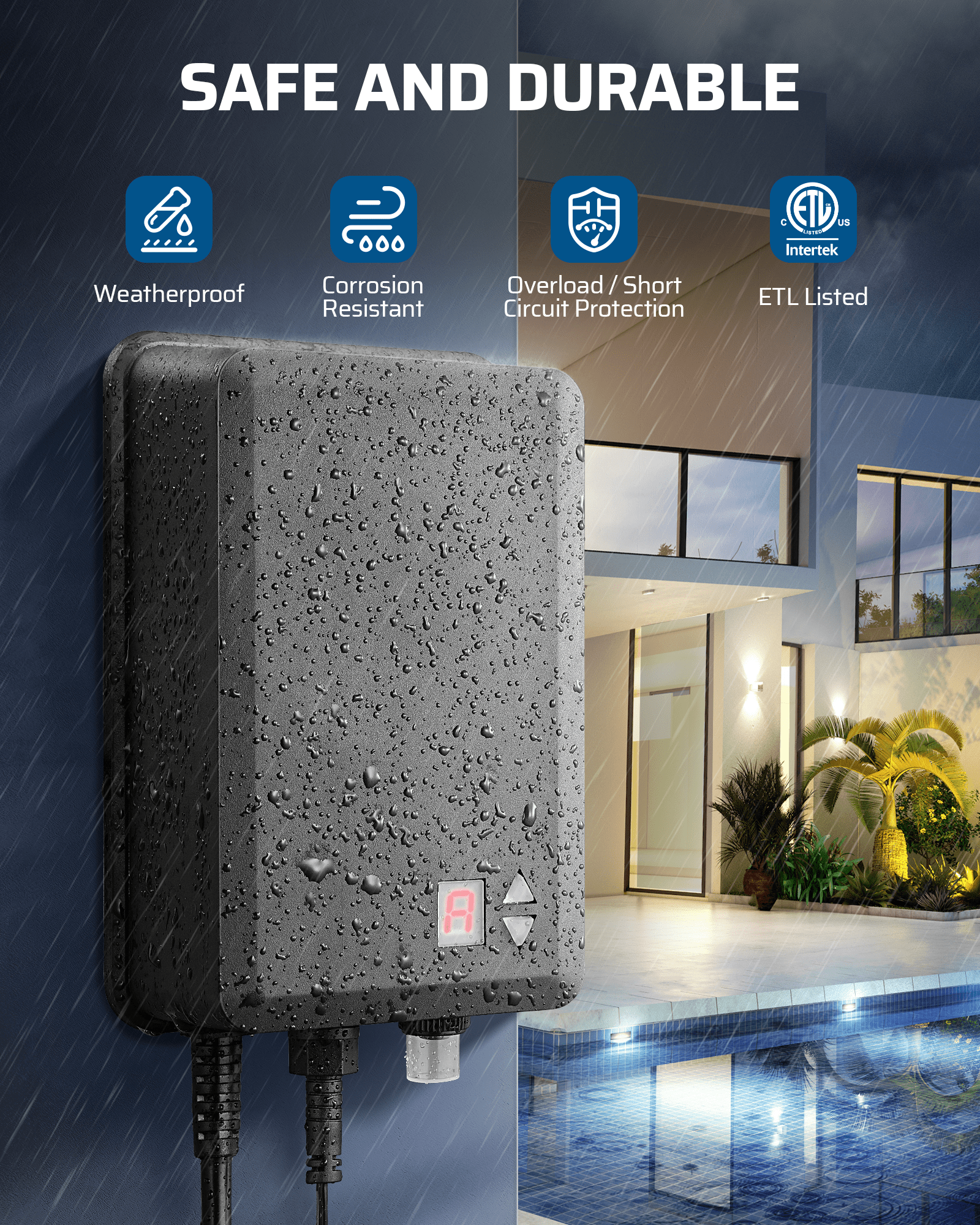 DEWENWILS Low Voltage Transformer is safe and durable, featuring weatherproof, corrosion-resistant metal housing with overload/short circuit protection, ETL and Intertek listed