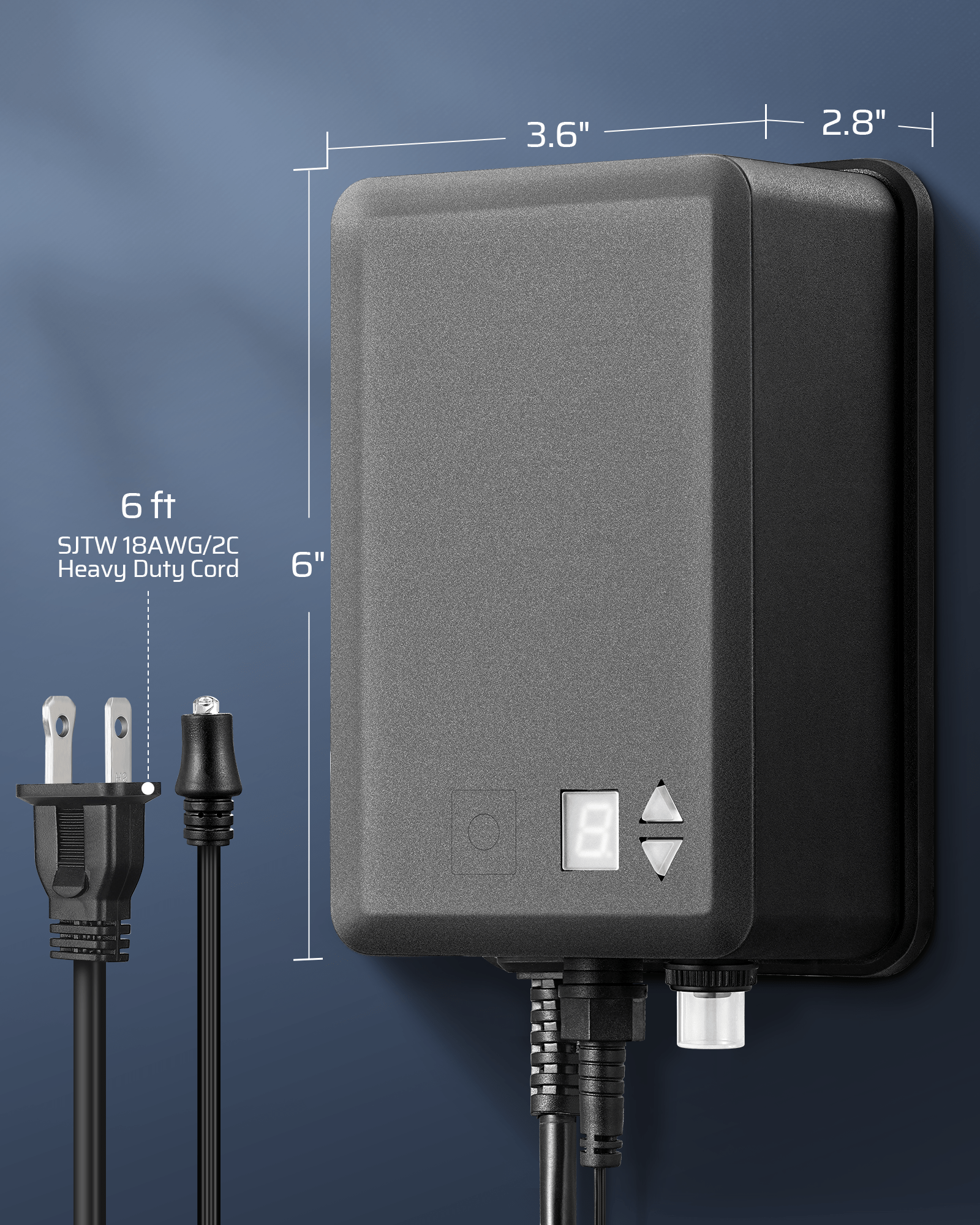 DEWENWILS 100W Low Voltage Transformer measures 3.6in L × 2.8in W × 6in H and comes with a 6FT SJTW 18AWG/2C heavy-duty cord