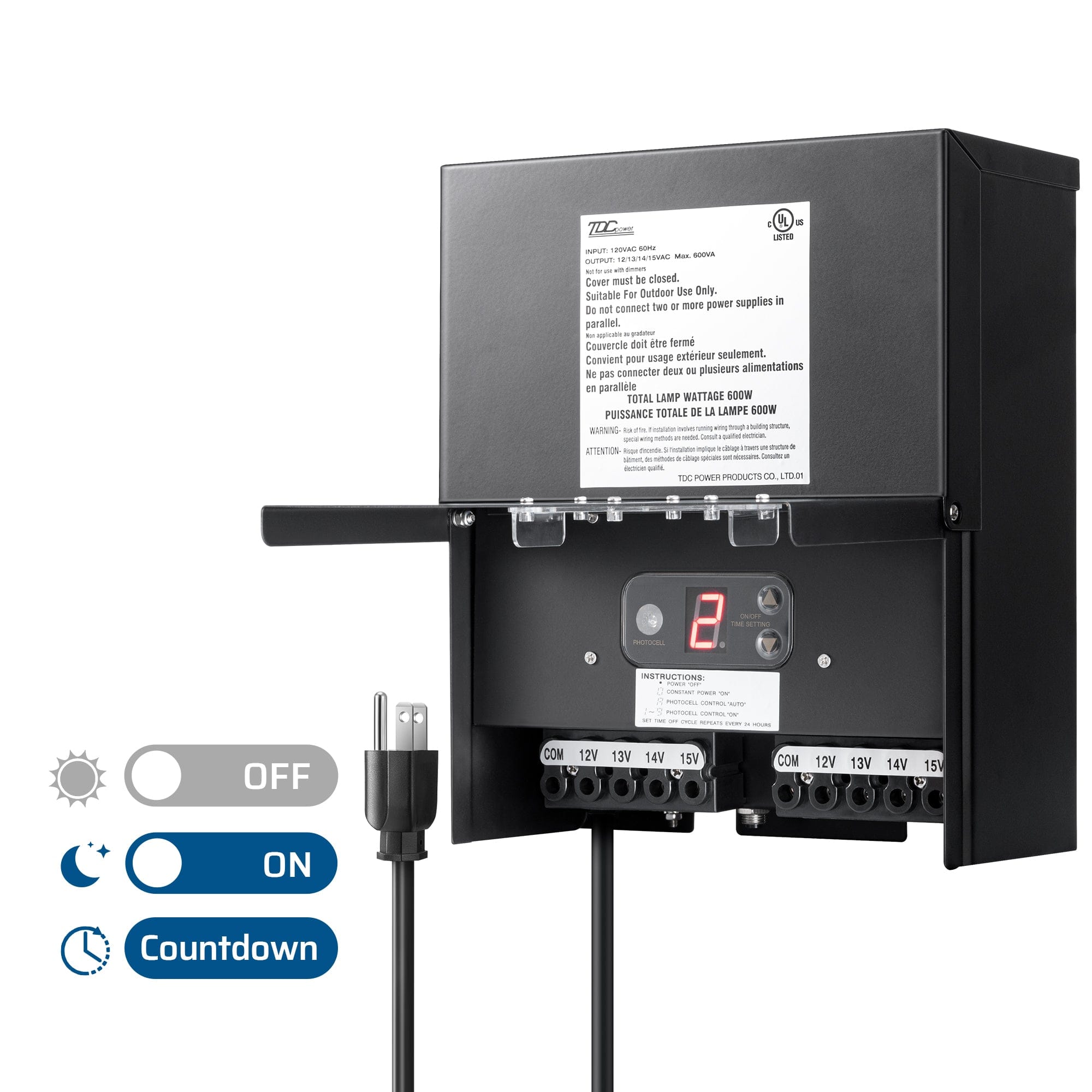 DEWENWILS 600W Low Voltage Transformer, automatically turns off during the day, on at night, and features a countdown timer