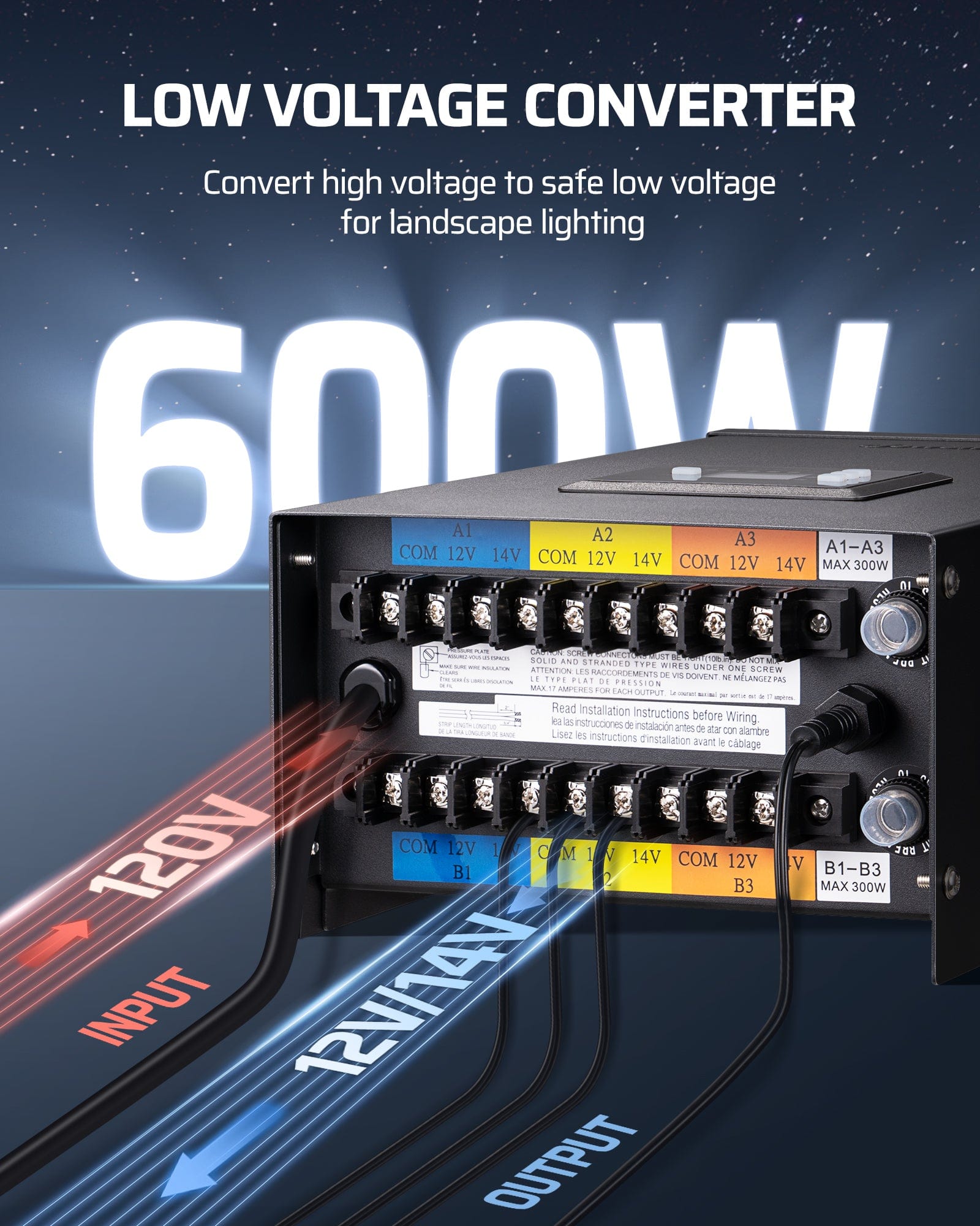 DEWENWILS 600W Low Voltage Landscape Lighting Transformer converts high voltage to safe low voltage for outdoor landscape lighting