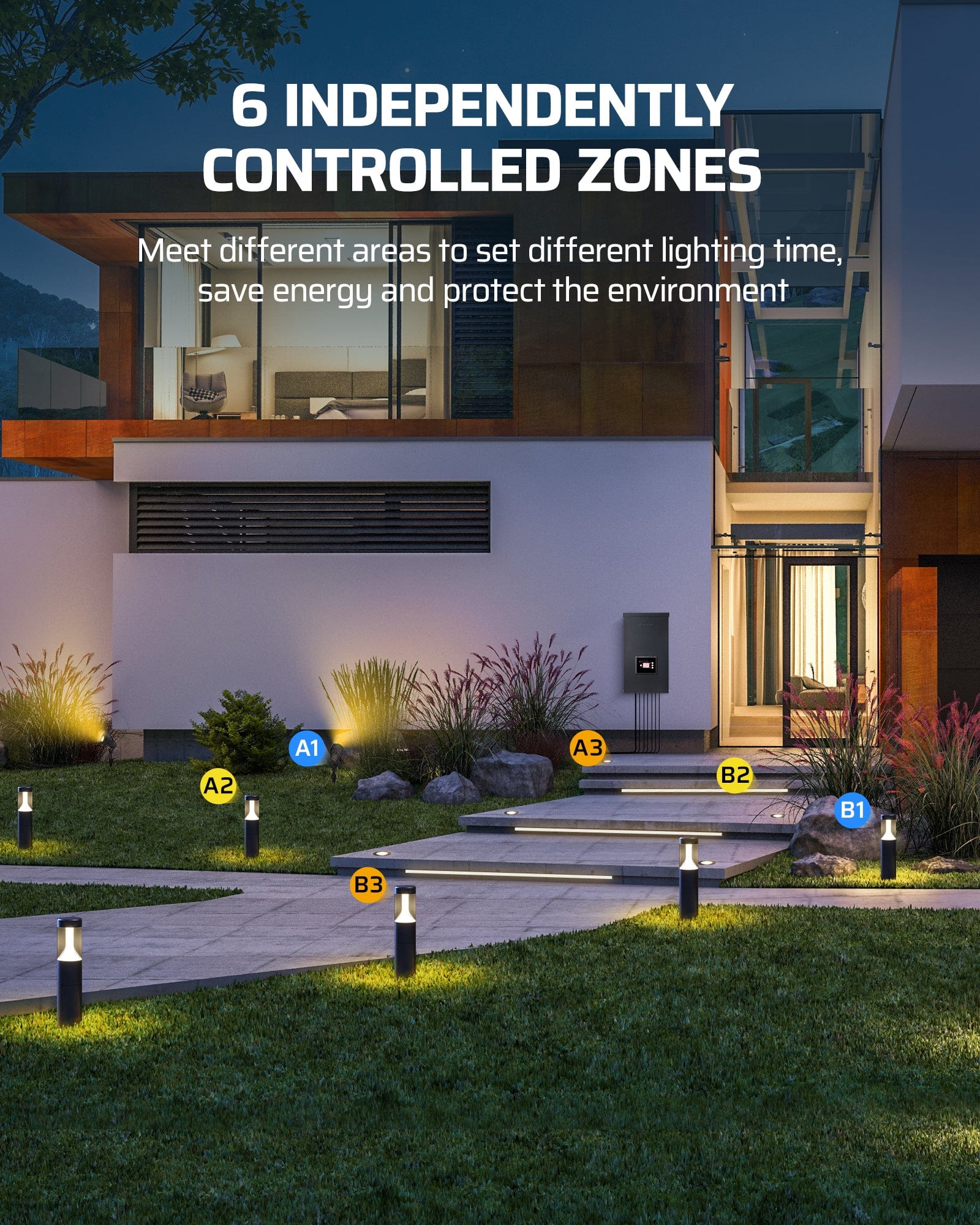 DEWENWILS 600W Low Voltage Landscape Lighting Transformer features 6 independently controlled zones to set different lighting schedules, saving energy and protecting the environment