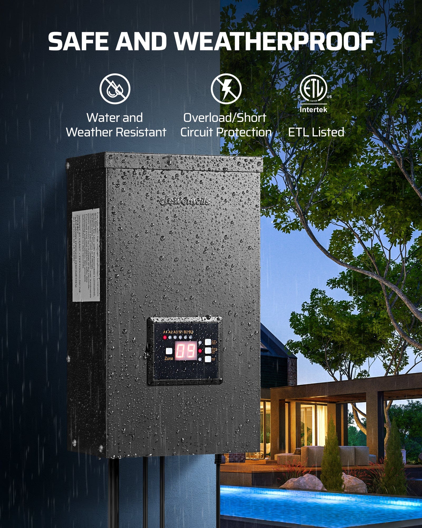 DEWENWILS 600W Low Voltage Landscape Lighting Transformer is safe and weatherproof, with water resistance, overload/short circuit protection, and ETL listing