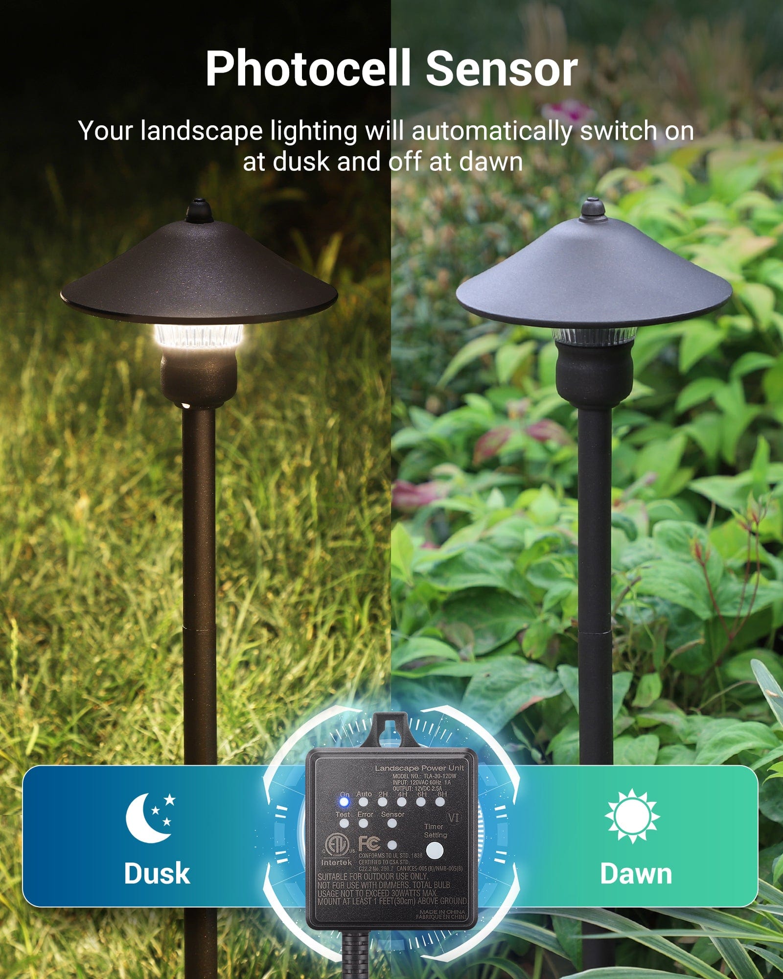 DEWENWILS 30W Low Voltage Transformer with photocell sensor, automatically turning landscape lights on at dusk and off at dawn