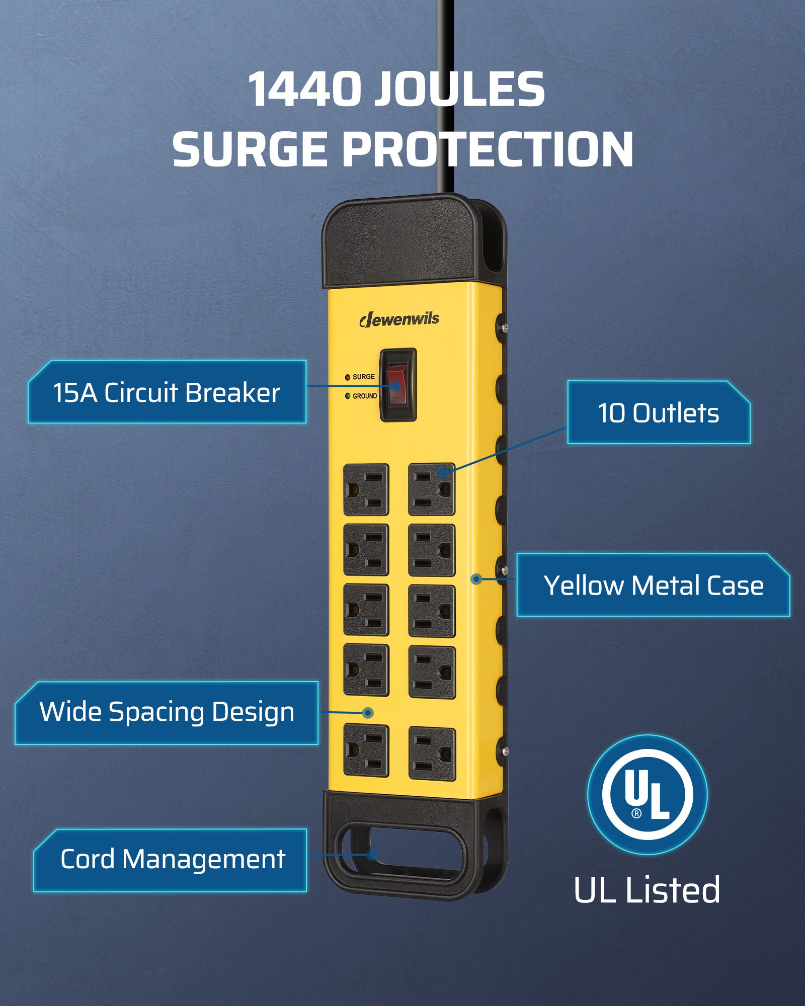DEWENWILS 10-Outlet Metal Surge Protector Power Strip with 15Ft Cord, Flat Plug, 15A Circuit Breaker, 1440Joules for Garage, Workshop, Wall Mountable-HOU100B