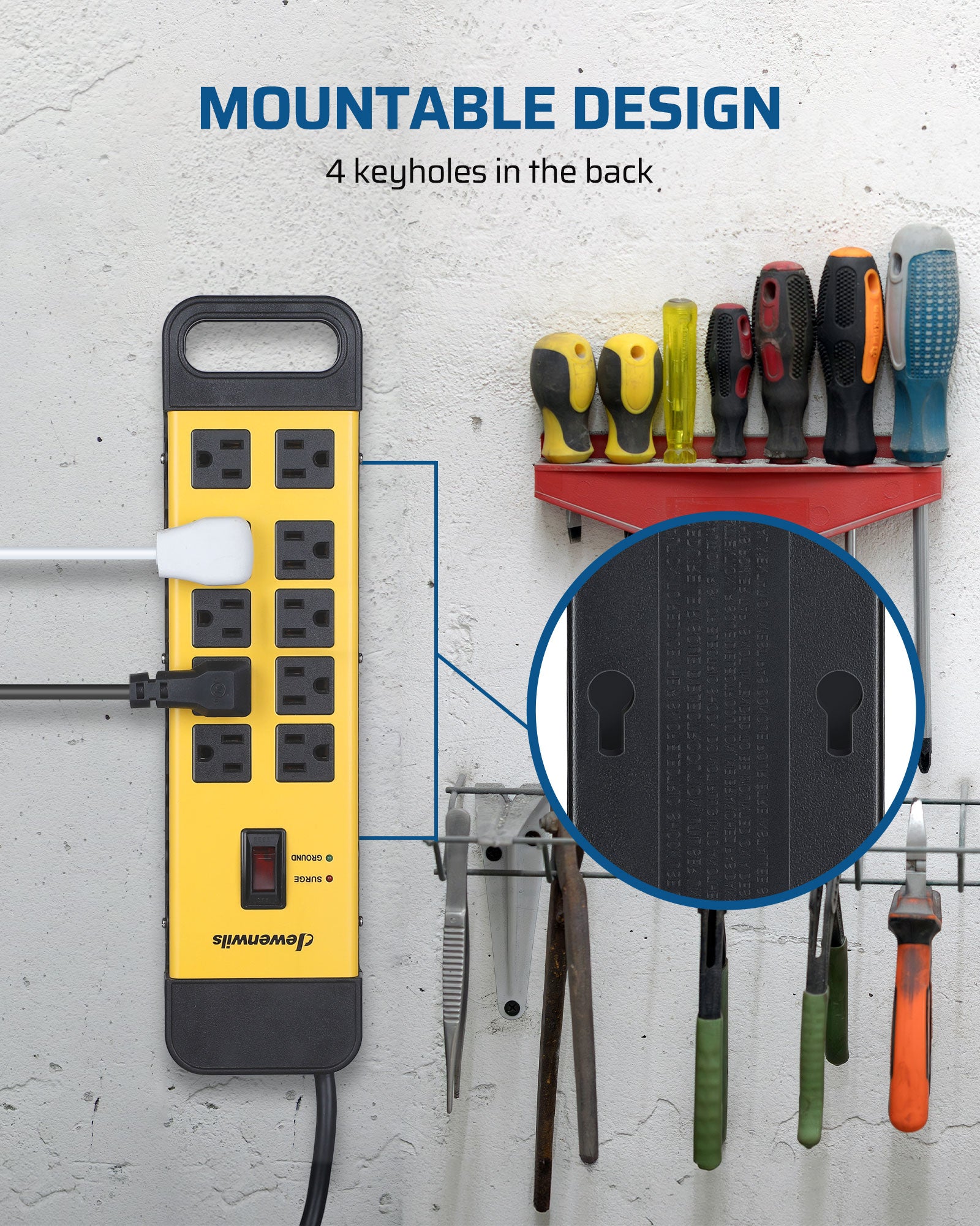 DEWENWILS 10-Outlet Metal Surge Protector Power Strip with 15Ft Cord, Flat Plug, 15A Circuit Breaker, 1440Joules for Garage, Workshop, Wall Mountable-HOU100B