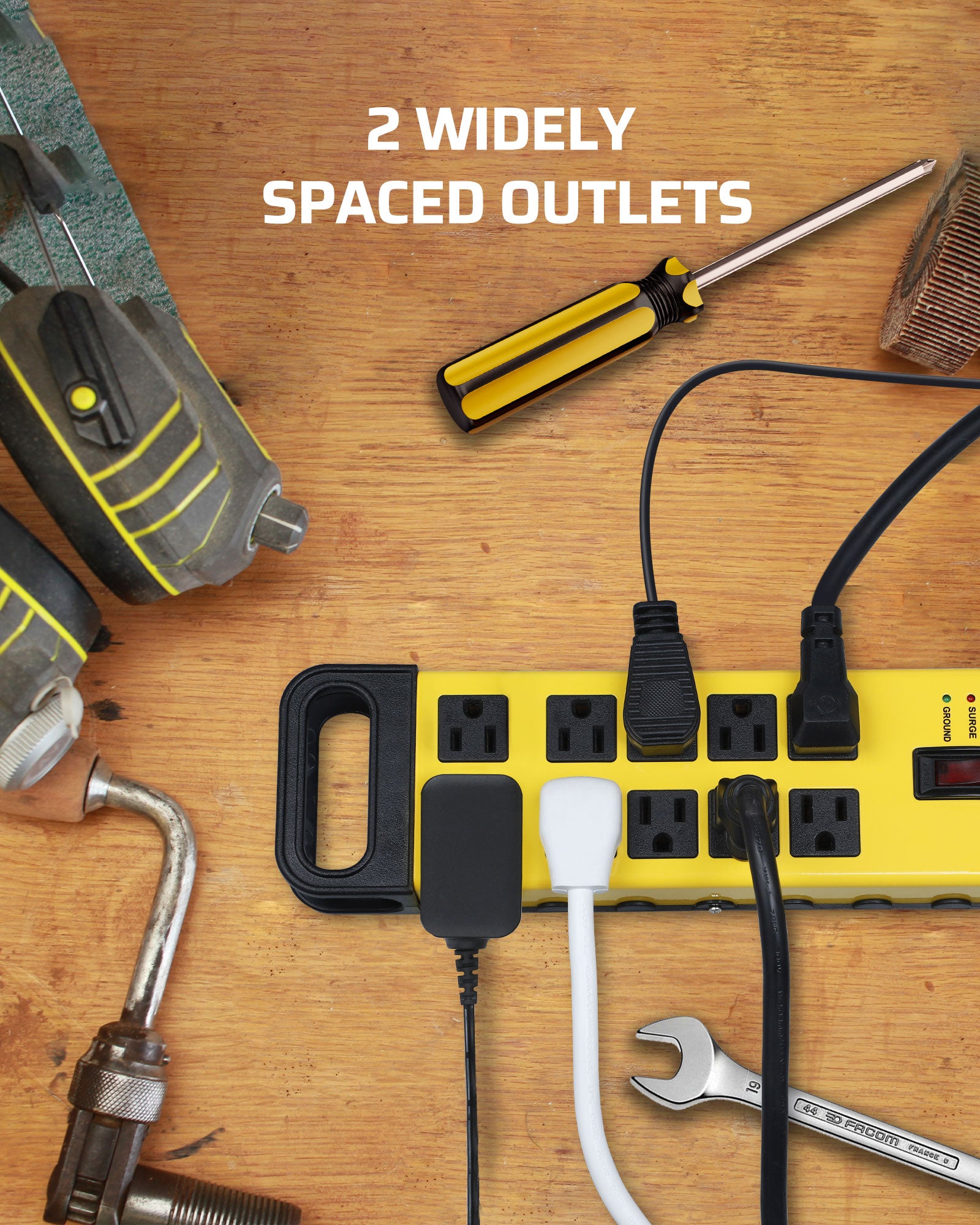 DEWENWILS 10-Outlet Metal Surge Protector Power Strip with 15Ft Cord, Flat Plug, 15A Circuit Breaker, 1440Joules for Garage, Workshop, Wall Mountable-HOU100B