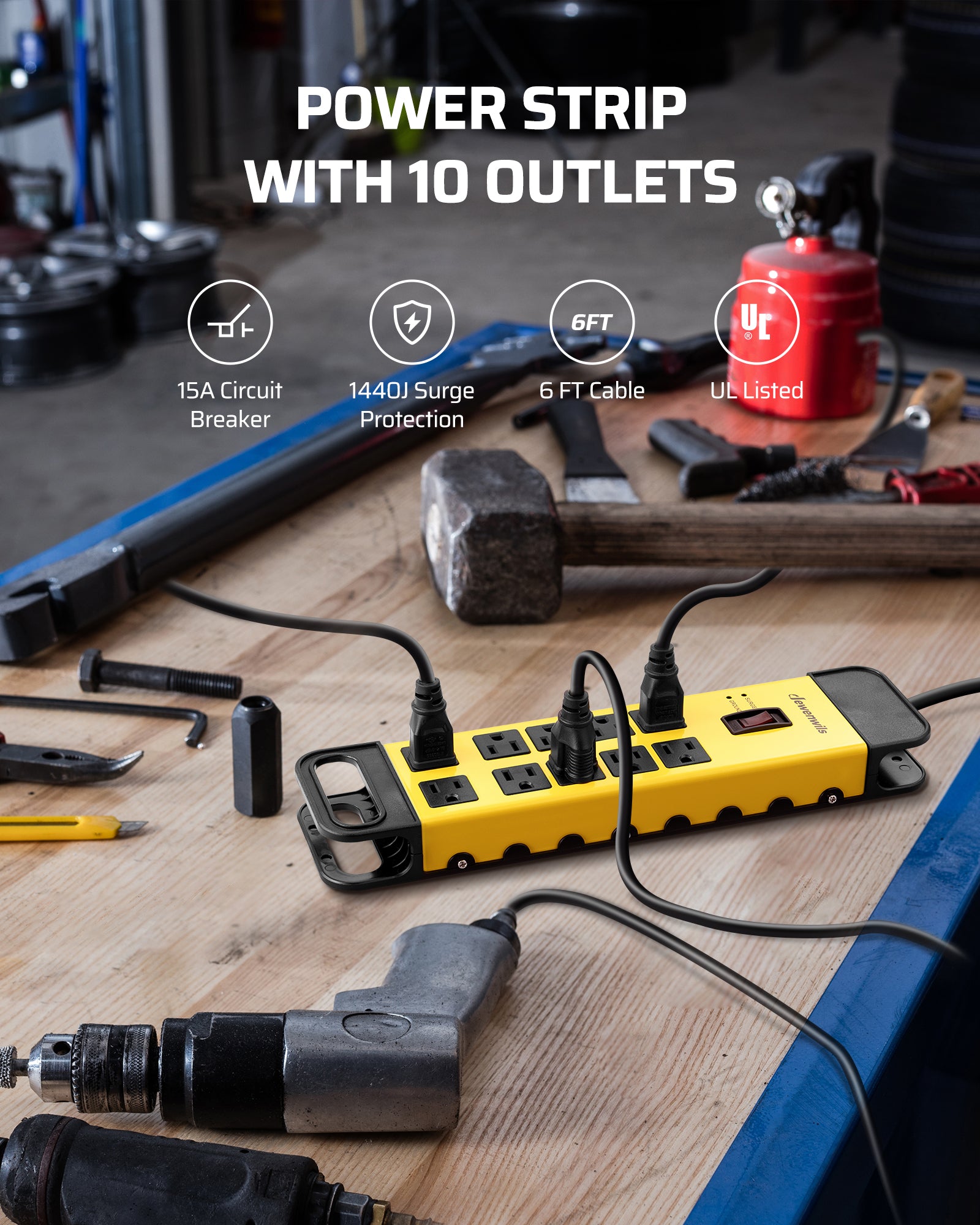 DEWENWILS 10-Outlet Metal Surge Protector Power Strip, 6Ft Cord Flat Plug, 15A Circuit Breaker, 14AWG 1440Joules, Heavy Duty Industrial Power Strip for Garage Workshop, Wall Mountable-HOU100C
