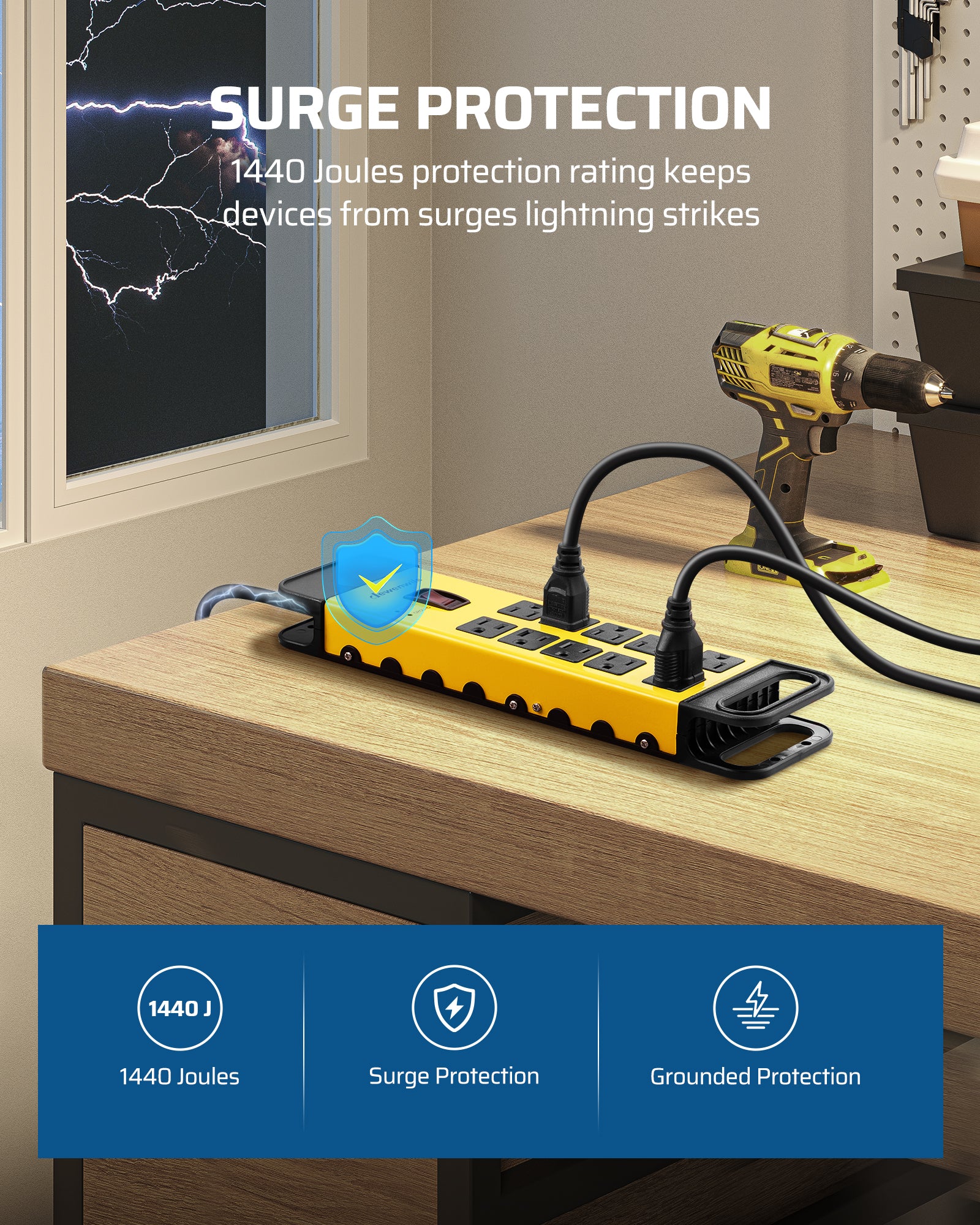 Power Strip Surge Protector: Delivers 1440-joule surge protection to safeguard connected devices from power surges and lightning-related voltage spikes