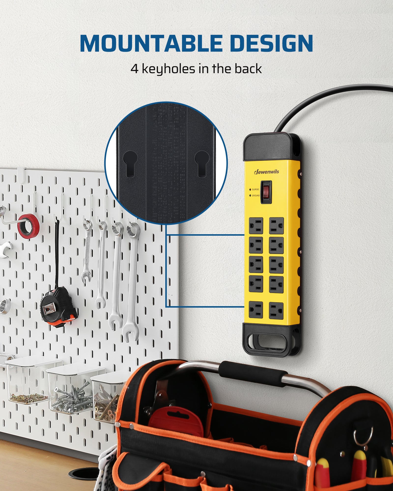 Power Strip Surge Protector: Features a mountable design with 4 rear keyholes for secure wall or workbench installation and organized cable management