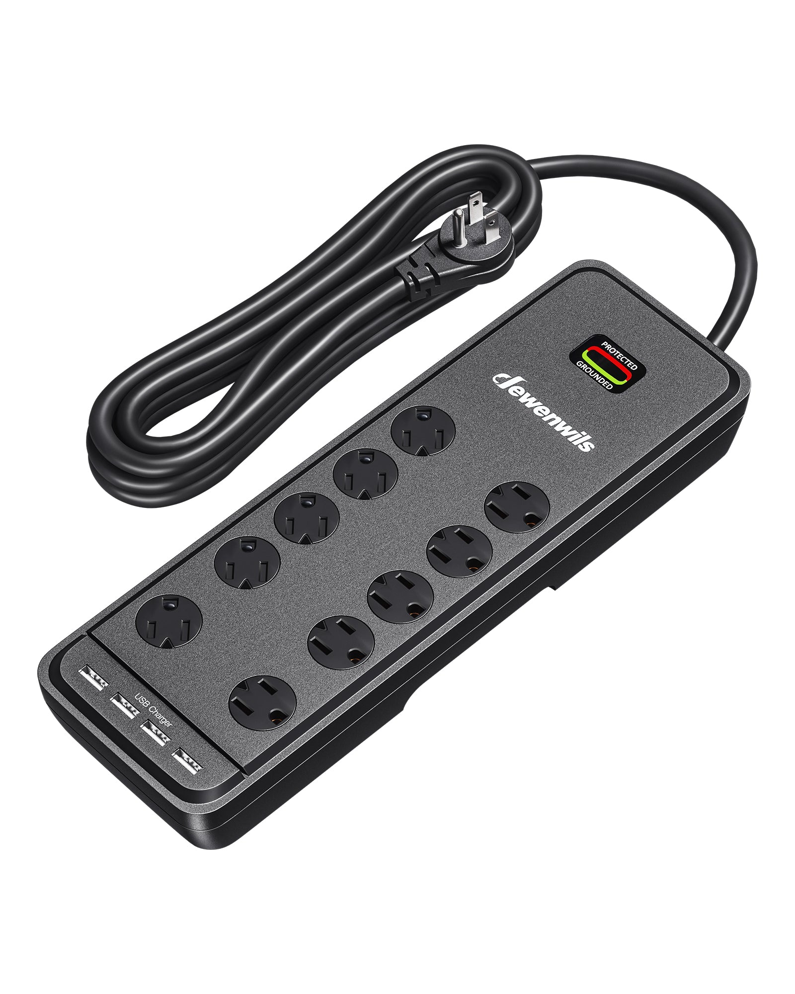 DEWENWILS 10-Outlet Surge Protector Power Strip with 4 USB Ports, 15 FT Long Extension Cord, Right Angle Flat Plug, 2480J Surge Rating 15AMP Circuit Breaker, Wall Mountable-HOU104A
