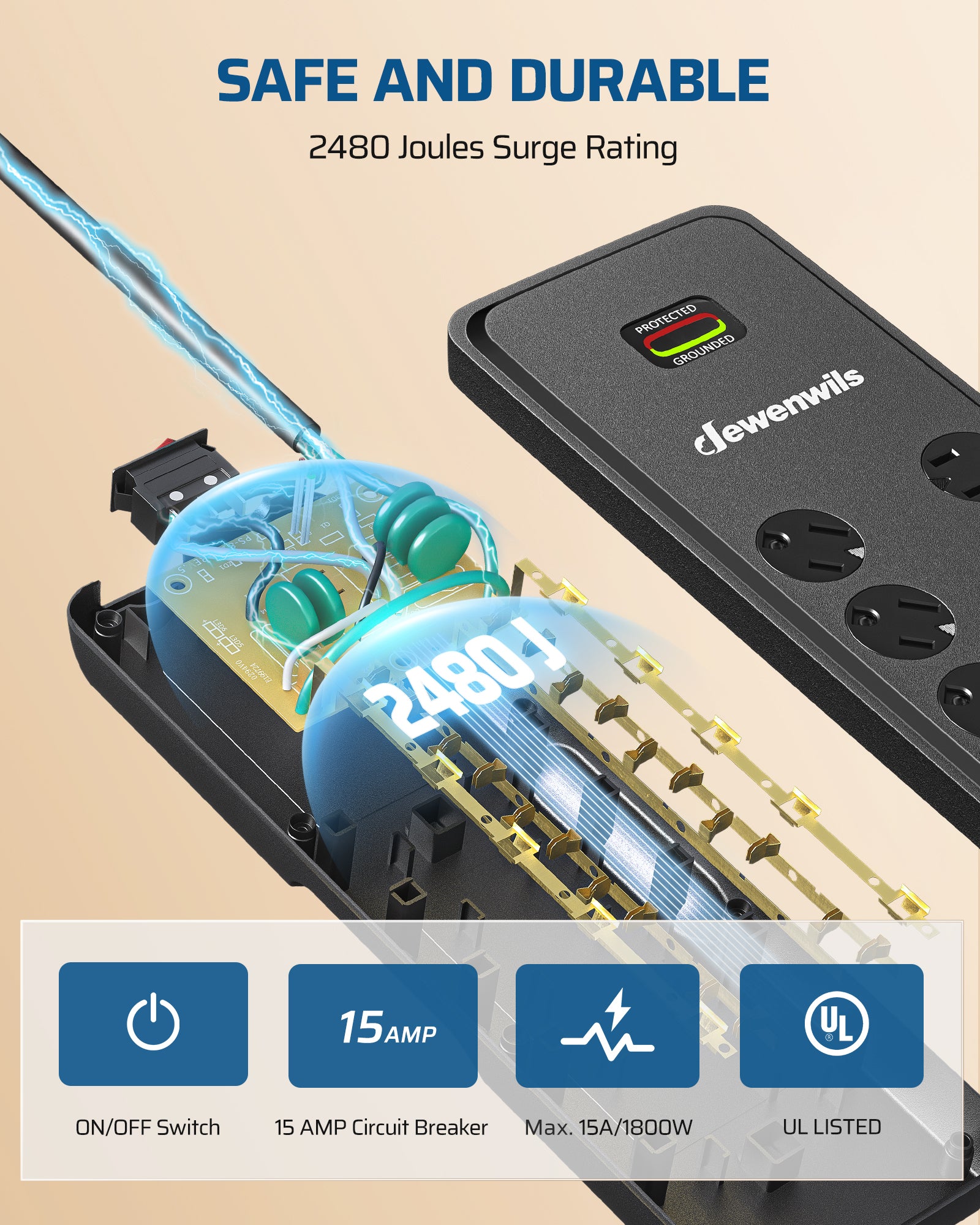 DEWENWILS 10-Outlet Surge Protector Power Strip with 4 USB Ports, 15 FT Long Extension Cord, Right Angle Flat Plug, 2480J Surge Rating 15AMP Circuit Breaker, Wall Mountable-HOU104A