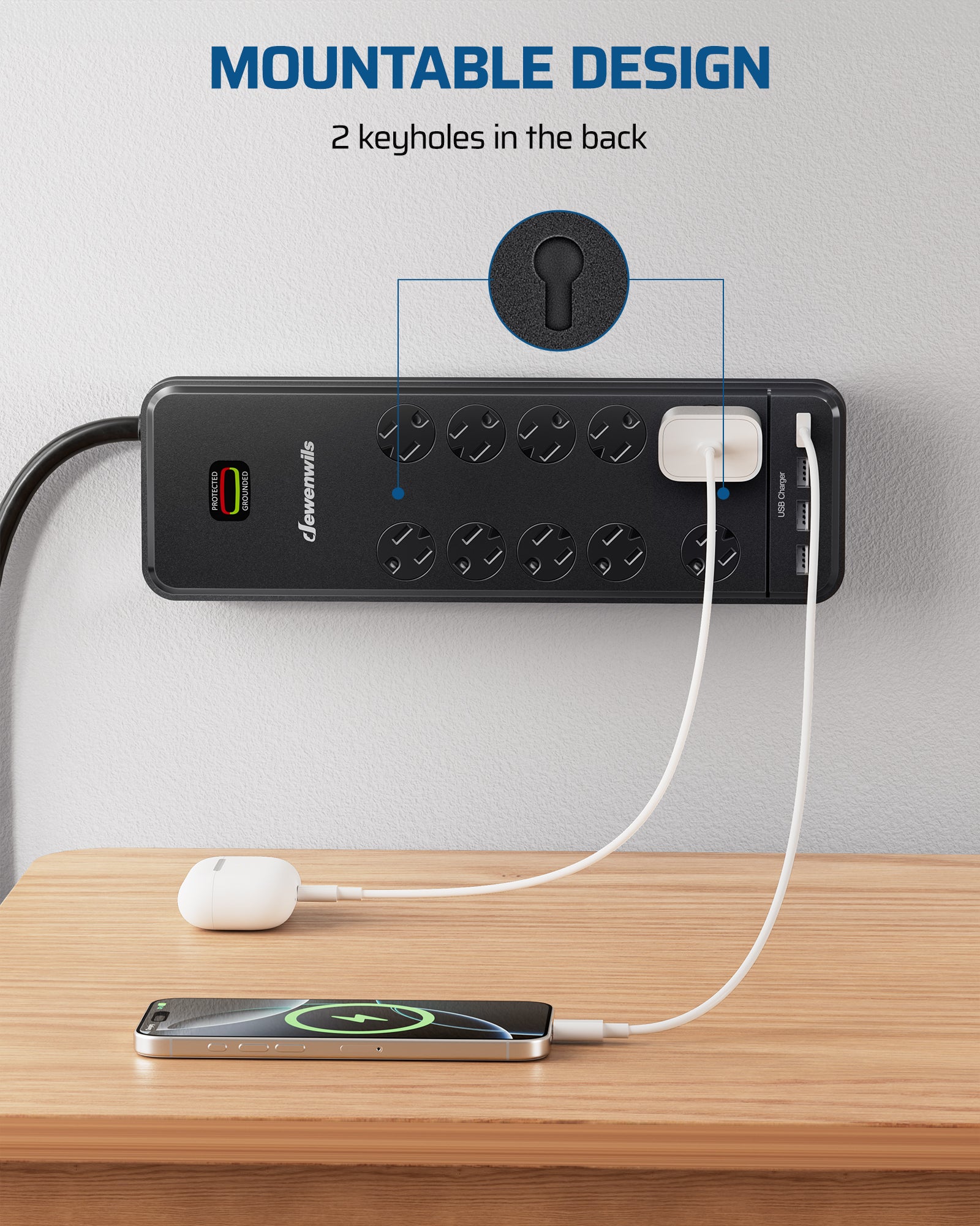 DEWENWILS 10-Outlet Surge Protector Power Strip with 4 USB Ports, 15 FT Long Extension Cord, Right Angle Flat Plug, 2480J Surge Rating 15AMP Circuit Breaker, Wall Mountable-HOU104A
