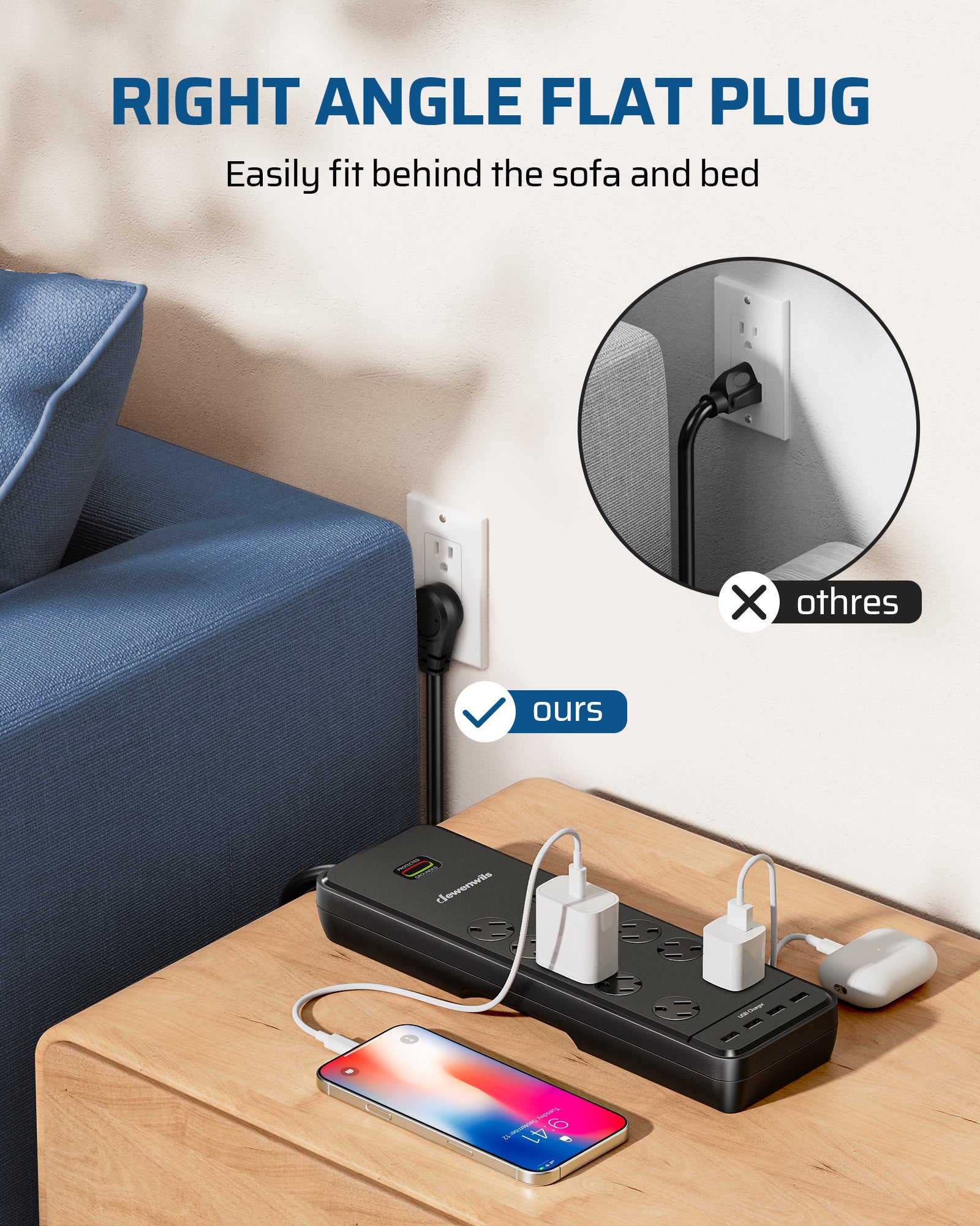 DEWENWILS 10-Outlet Surge Protector Power Strip with 4 USB Ports, 15 FT Long Extension Cord, Right Angle Flat Plug, 2480J Surge Rating 15AMP Circuit Breaker, Wall Mountable-HOU104A