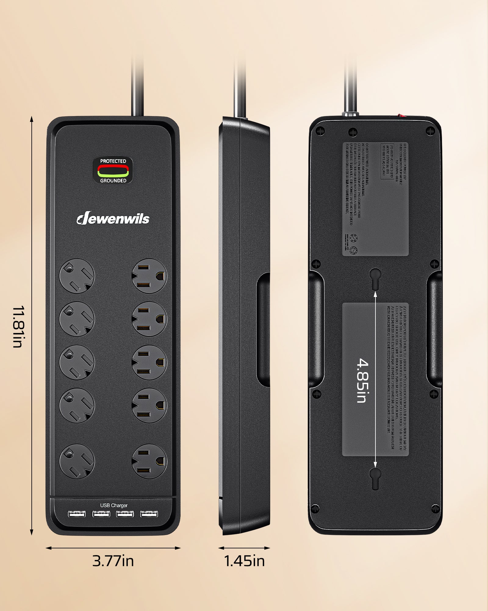 DEWENWILS 10-Outlet Surge Protector Power Strip with 4 USB Ports, 15 FT Long Extension Cord, Right Angle Flat Plug, 2480J Surge Rating 15AMP Circuit Breaker, Wall Mountable-HOU104A