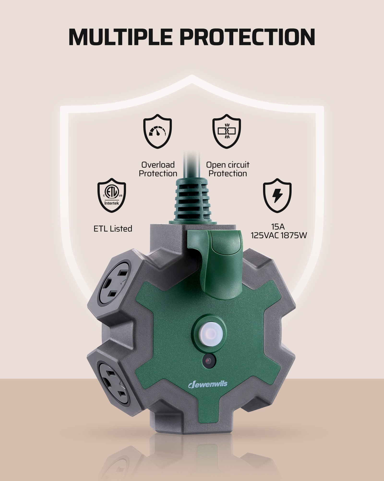 DEWENWILS Industrial Power Strip, Multifaceted Head Heavy Duty Power Strip, 5-Outlet Power Strip, 15FT STJW 14/3C Line Length, 125V, 60Hz, 15A, 1875W, Workshop Power Strip-HOU515C