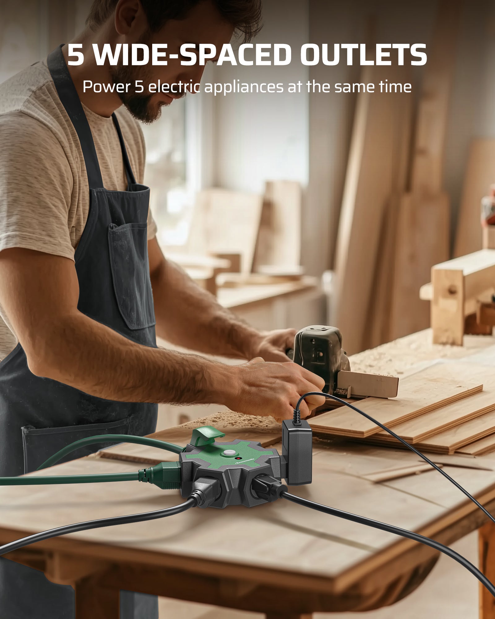 DEWENWILS Industrial Power Strip, Multifaceted Head Heavy Duty Power Strip, 5-Outlet Power Strip, 15FT STJW 14/3C Line Length, 125V, 60Hz, 15A, 1875W, Workshop Power Strip-HOU515C