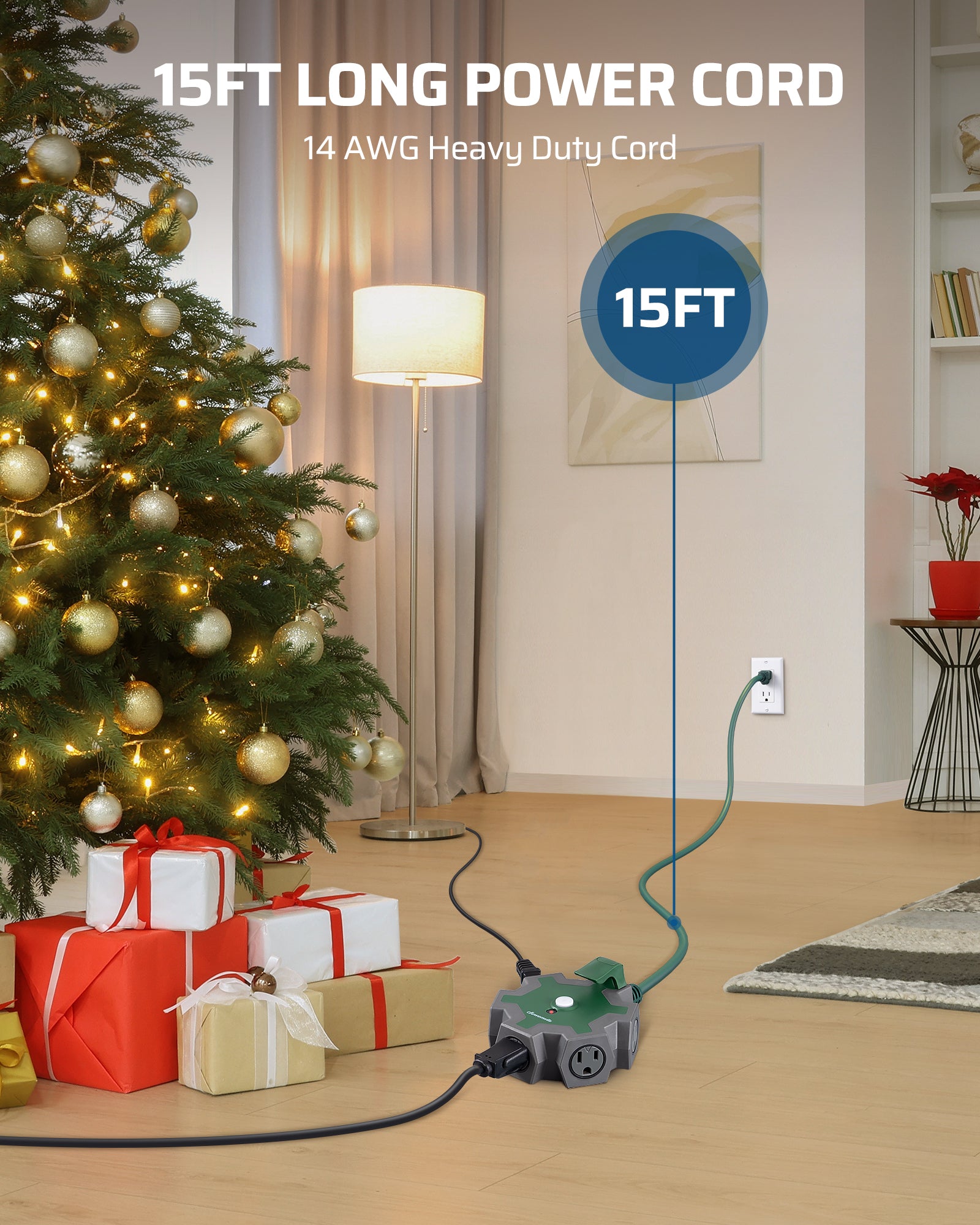 DEWENWILS Industrial Power Strip, Multifaceted Head Heavy Duty Power Strip, 5-Outlet Power Strip, 15FT STJW 14/3C Line Length, 125V, 60Hz, 15A, 1875W, Workshop Power Strip-HOU515C