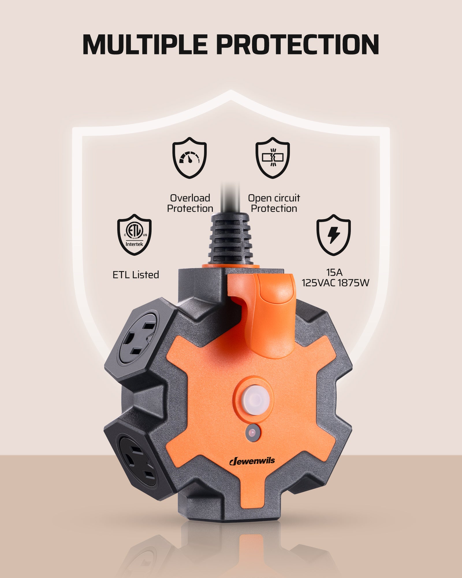 DEWENWILS Industrial Power Strip with 5-Outlet, 15FT Heavy Duty Extension Cord for Garage, Workshop, 14/3 AWG SJTW, Circuit Breaker, Swivel Safety Covers, Black+Orange-HOU515E