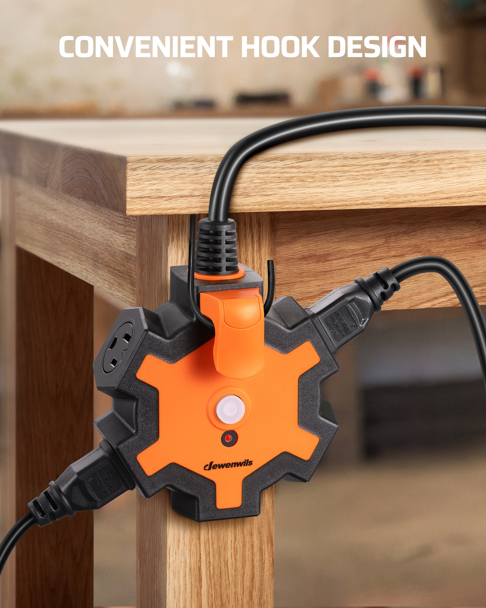 DEWENWILS Industrial Power Strip with 5-Outlet, 15FT Heavy Duty Extension Cord for Garage, Workshop, 14/3 AWG SJTW, Circuit Breaker, Swivel Safety Covers, Black+Orange-HOU515E