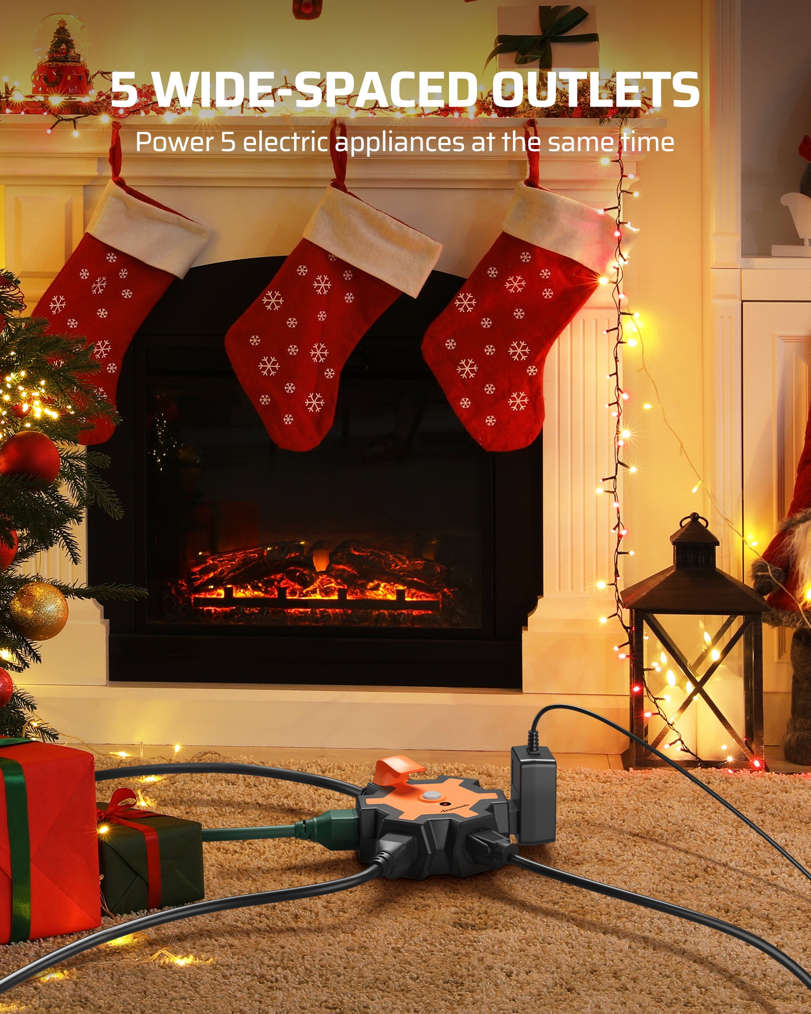 DEWENWILS Industrial Power Strip with 5-Outlet, 15FT Heavy Duty Extension Cord for Garage, Workshop, 14/3 AWG SJTW, Circuit Breaker, Swivel Safety Covers, Black+Orange-HOU515E