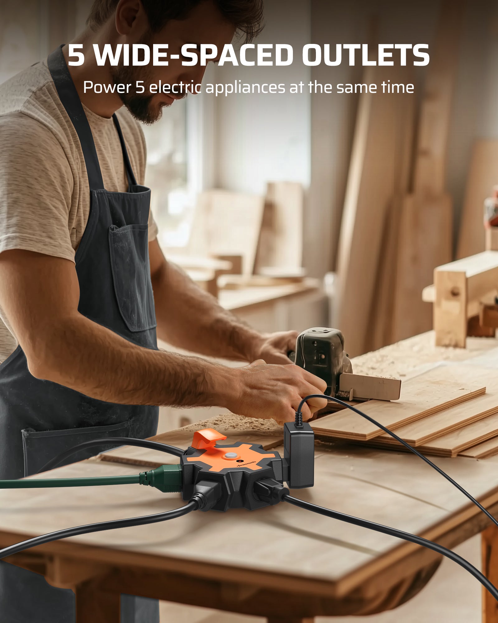 DEWENWILS Industrial Power Strip with 5-Outlet, 15FT Heavy Duty Extension Cord for Garage, Workshop, 14/3 AWG SJTW, Circuit Breaker, Swivel Safety Covers, Black+Orange-HOU515E