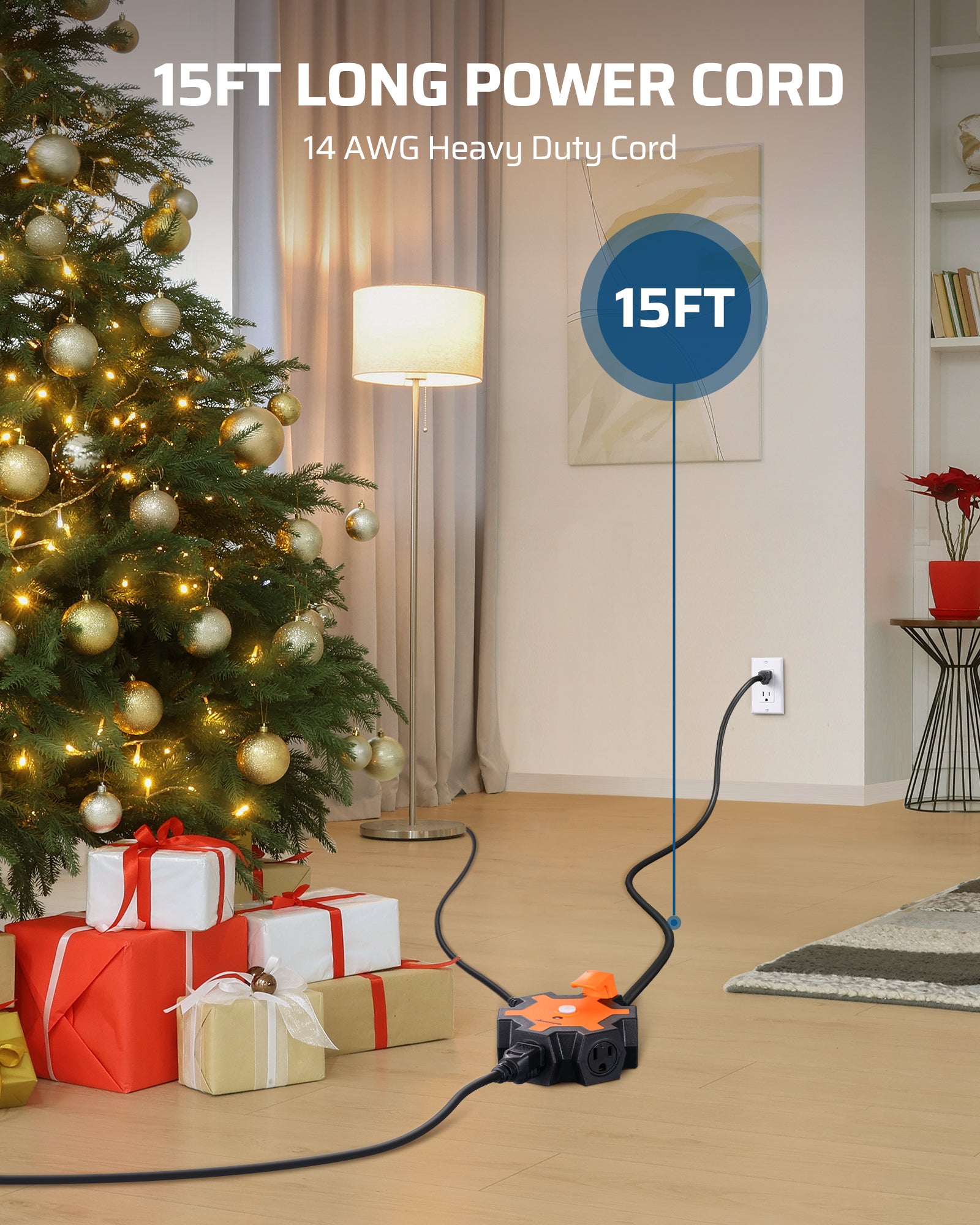 DEWENWILS Industrial Power Strip with 5-Outlet, 15FT Heavy Duty Extension Cord for Garage, Workshop, 14/3 AWG SJTW, Circuit Breaker, Swivel Safety Covers, Black+Orange-HOU515E