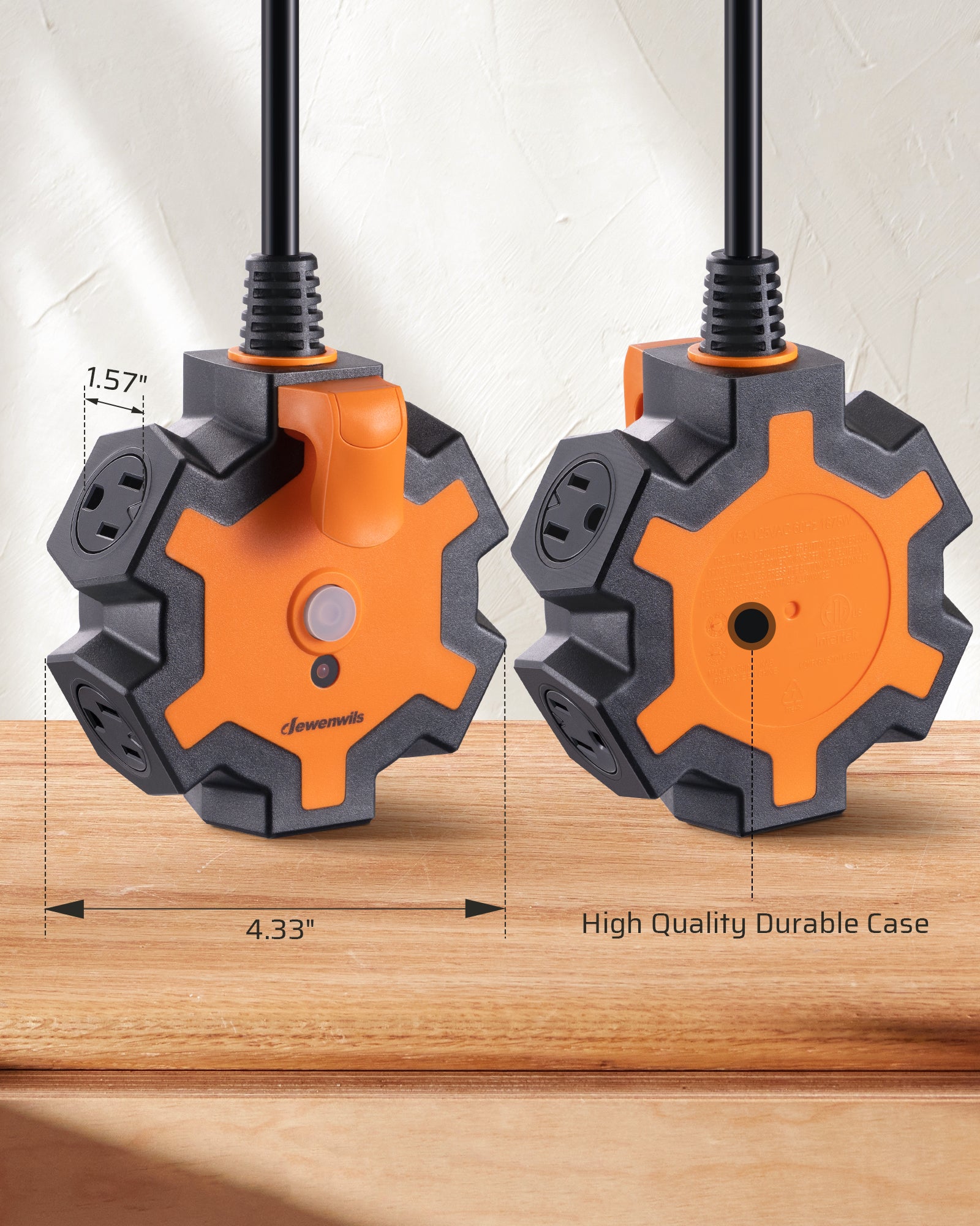 DEWENWILS Industrial Power Strip with 5-Outlet, 15FT Heavy Duty Extension Cord for Garage, Workshop, 14/3 AWG SJTW, Circuit Breaker, Swivel Safety Covers, Black+Orange-HOU515E